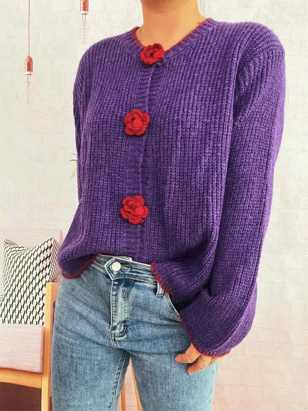 Flower Button Long Sleeve Cardigan 8f14c15f694340bab28661366c7ab33e-Max-Origin
