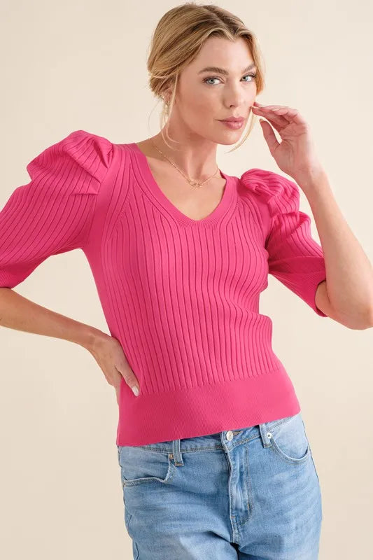 And The Why Puffed Half Sleeve Rib Basic Top Fuchsia 8f1c949b7d774634807a1b202ccb75dd-Max-Origin