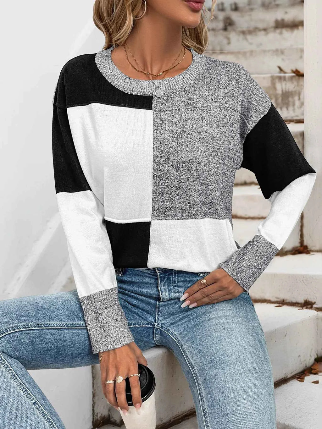Color Block Knit Long Sleeve Sweater Grey 8f20df2072234ca2b4efb9e7ba422abb-Max-Origin