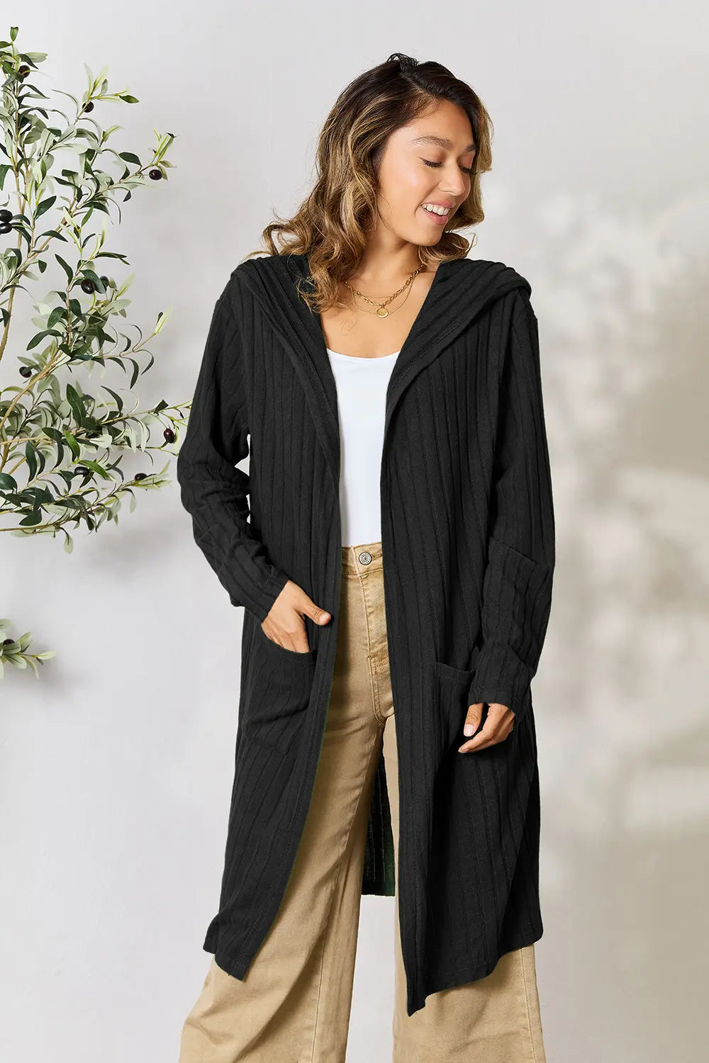 Basic Bae Full Size Hooded Sweater Cardigan Black 8f2399c9681d487f9e59d94b310affbe-Max