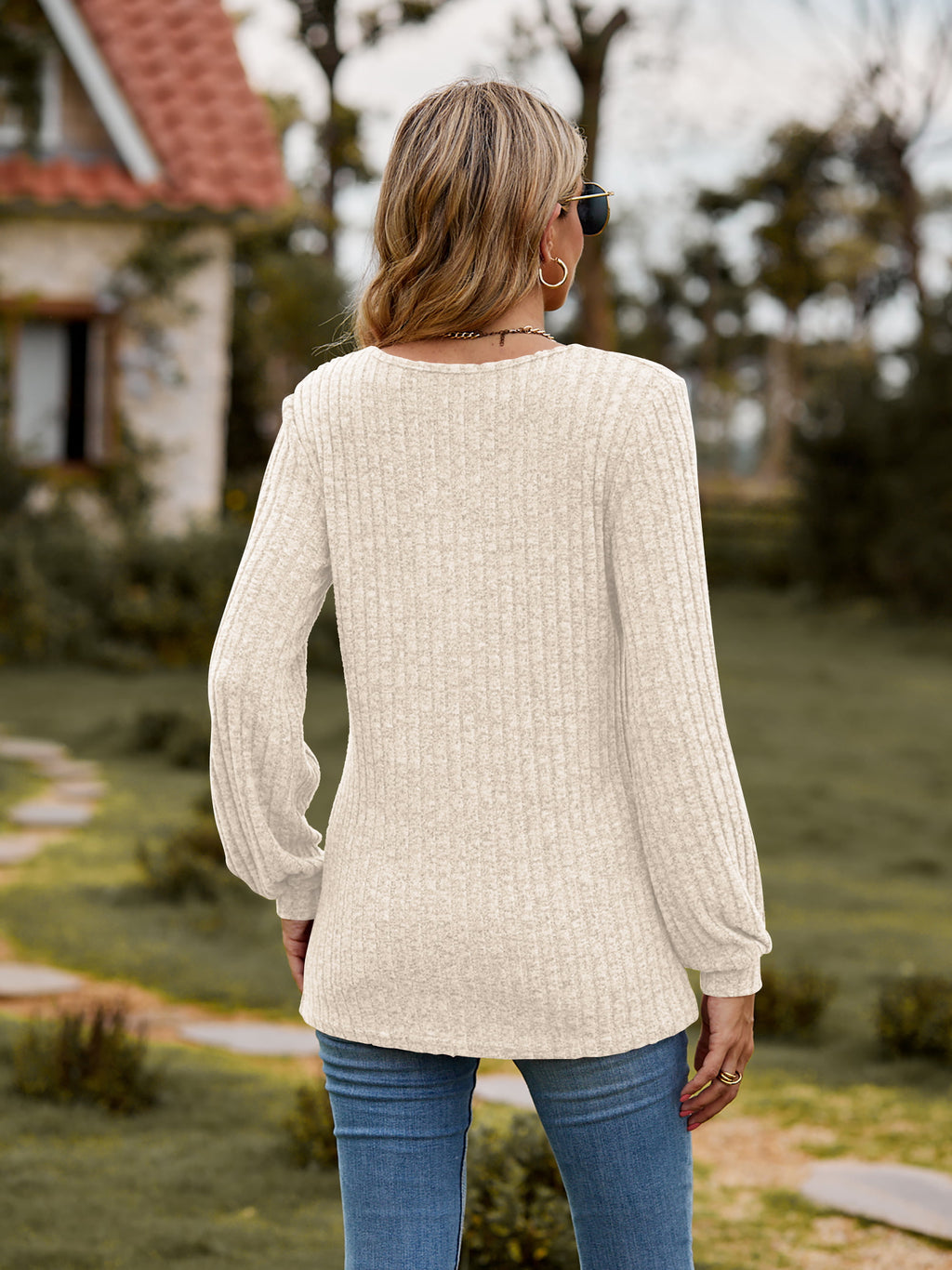 Round Neck Button-Down Long Sleeve Tee 8f2412e3b77c4dcea6dbb7f3a5edd3fa-Max