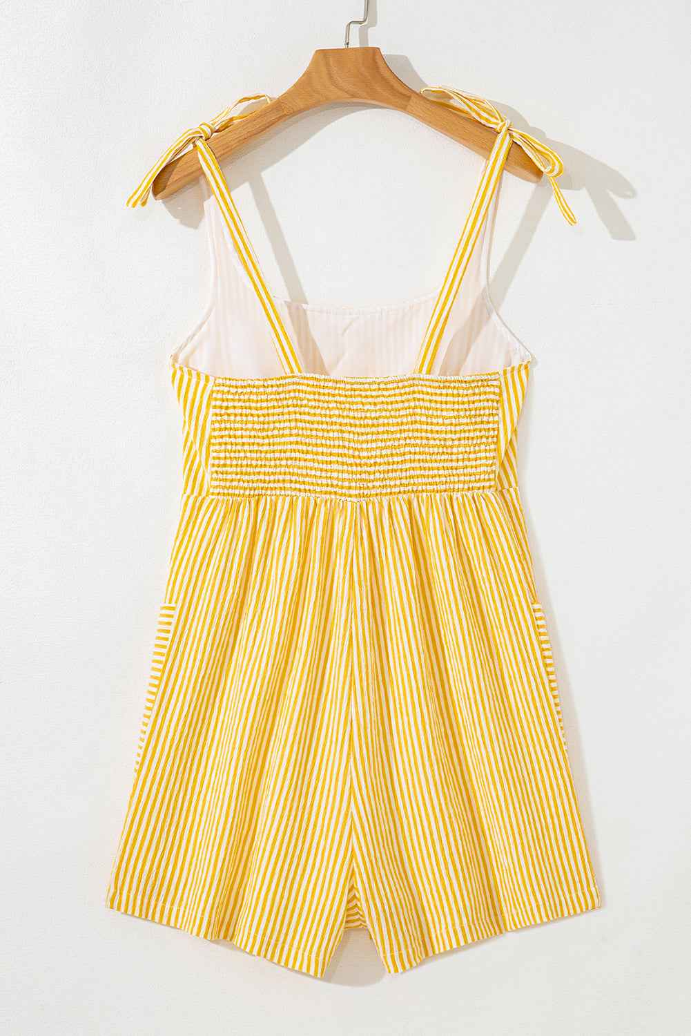 Yellow Stripe Tie Strap Smocked Back Wide Leg Romper 8f2b740804dc6a44