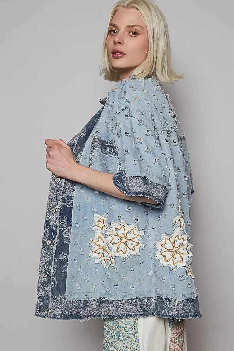 POL Distressed Button Up Half Sleeve Denim Shirt 8f41ec53-6ecb-4002-9d43-ec5549a07032-Max-Origin