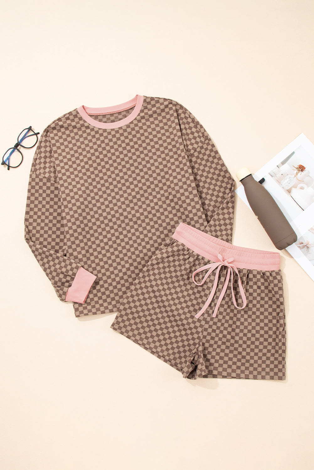 Brown Checkerboard Contrast Trim Long Sleeve Pullover and Shorts Set 8f50921f5c2e8d64