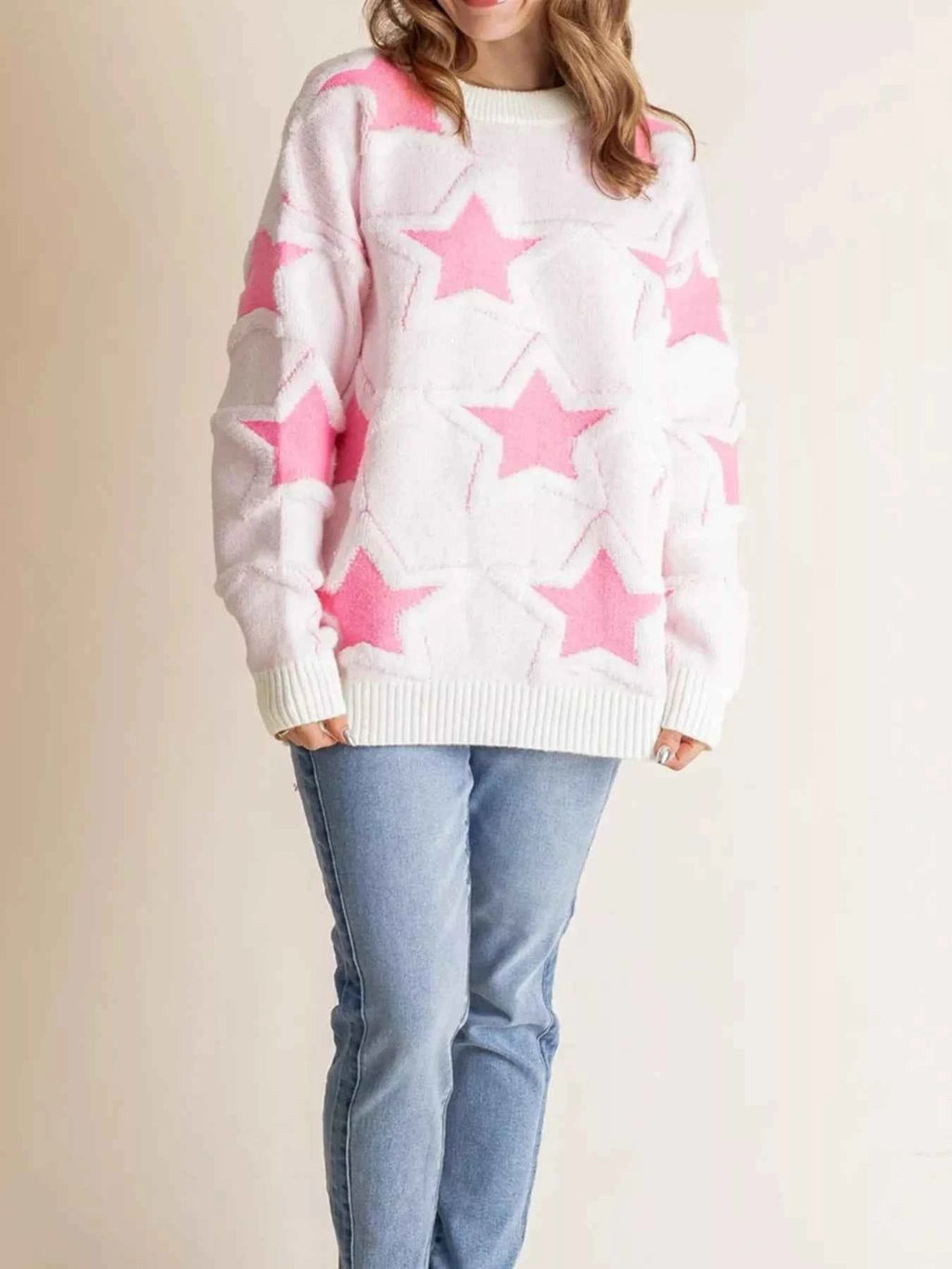 Oversized Star Pattern Ribbed Edge Drop Shoulder Sweater 8f65fb1e-a5dc-4e22-8876-7b07115ea1bc-Max-Origin