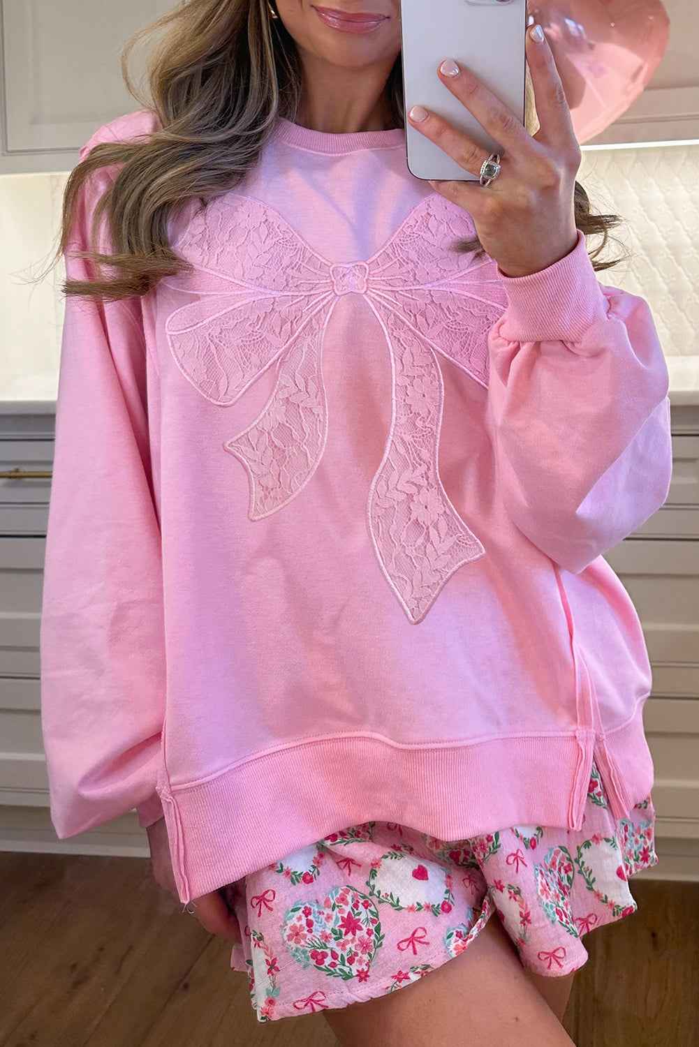 Bonbon Lace Bow Embroidered Exposed Seam Sweatshirt Bonbon 65%Polyester+35%Cotton 8fa31a9af0279b78