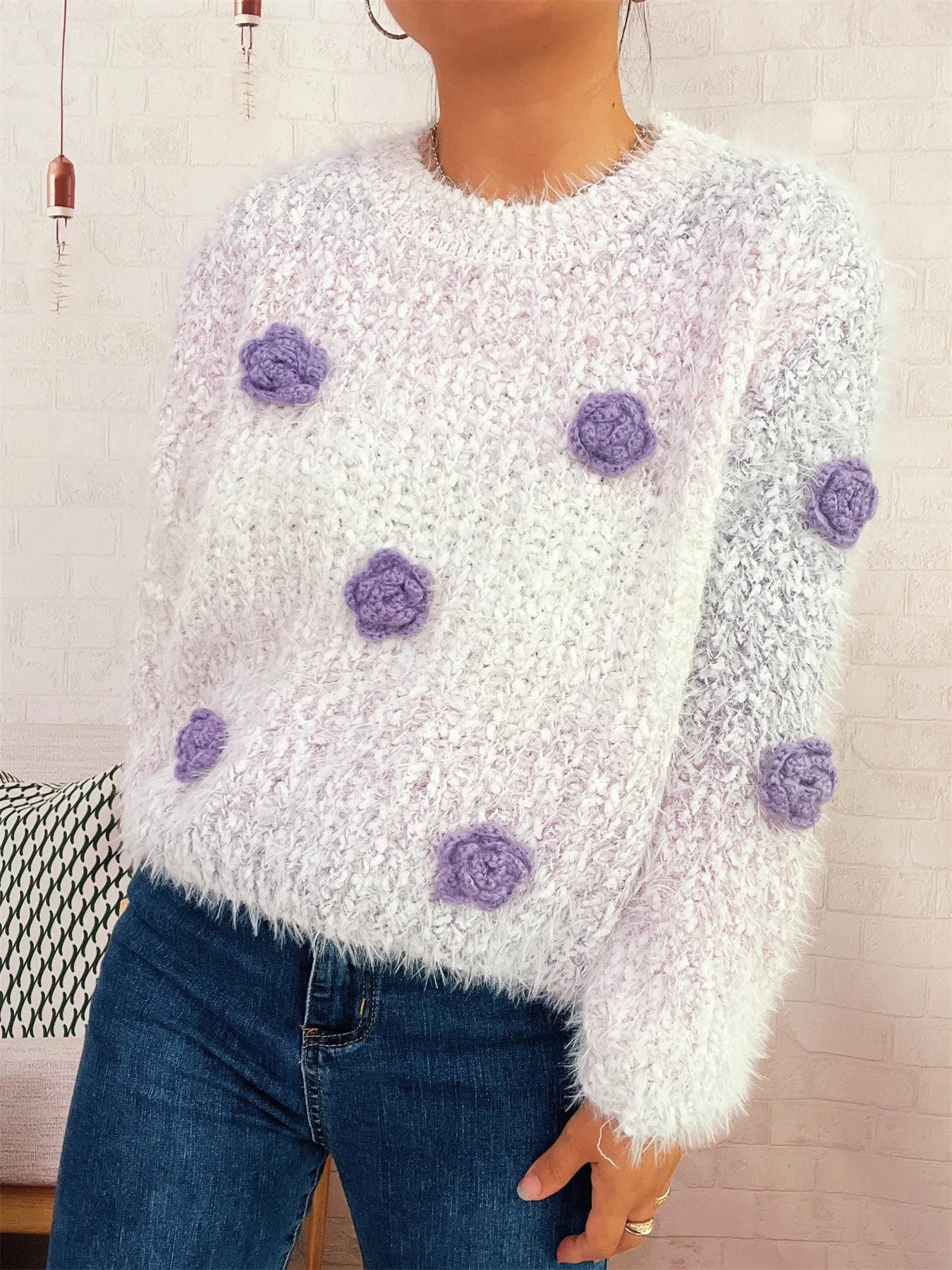 Flower Embellished Round Neck Sweater Purple One Size 8fbeb395d63b448881f3fe7a1fce0930-Max-Origin