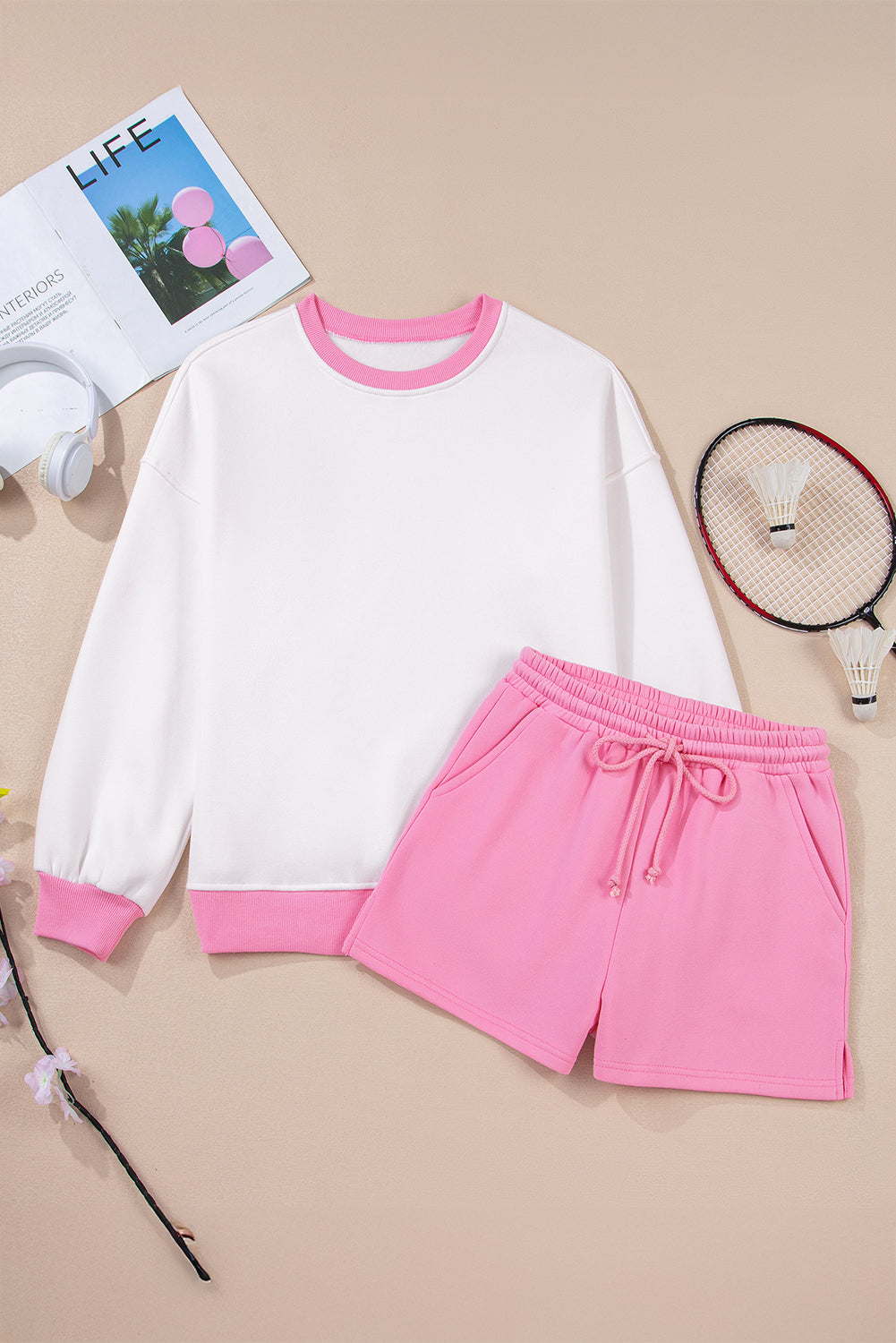 Strawberry Pink Colorblock Pullover and Drawstring Shorts Set 8fcc78bd302ec232