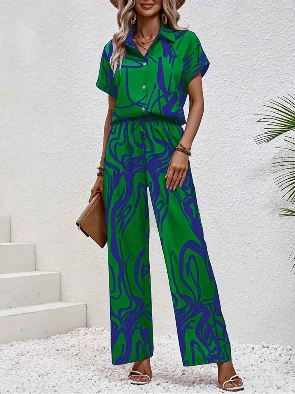Printed Button Up Shirt and Pants Set Green 8fdd4b317a5a4a82bedb45a4069f9f75-Max-Origin