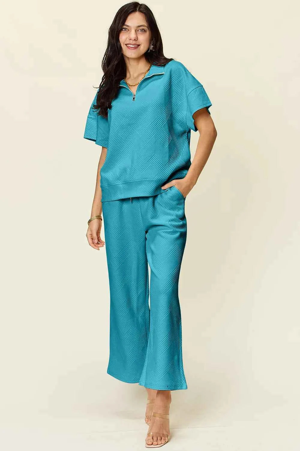 Double Take Full Size Texture Half Zip Short Sleeve Top and Pants Set Light Blue 8ff05ecd-0477-4634-aea2-b5291333efa2-Max