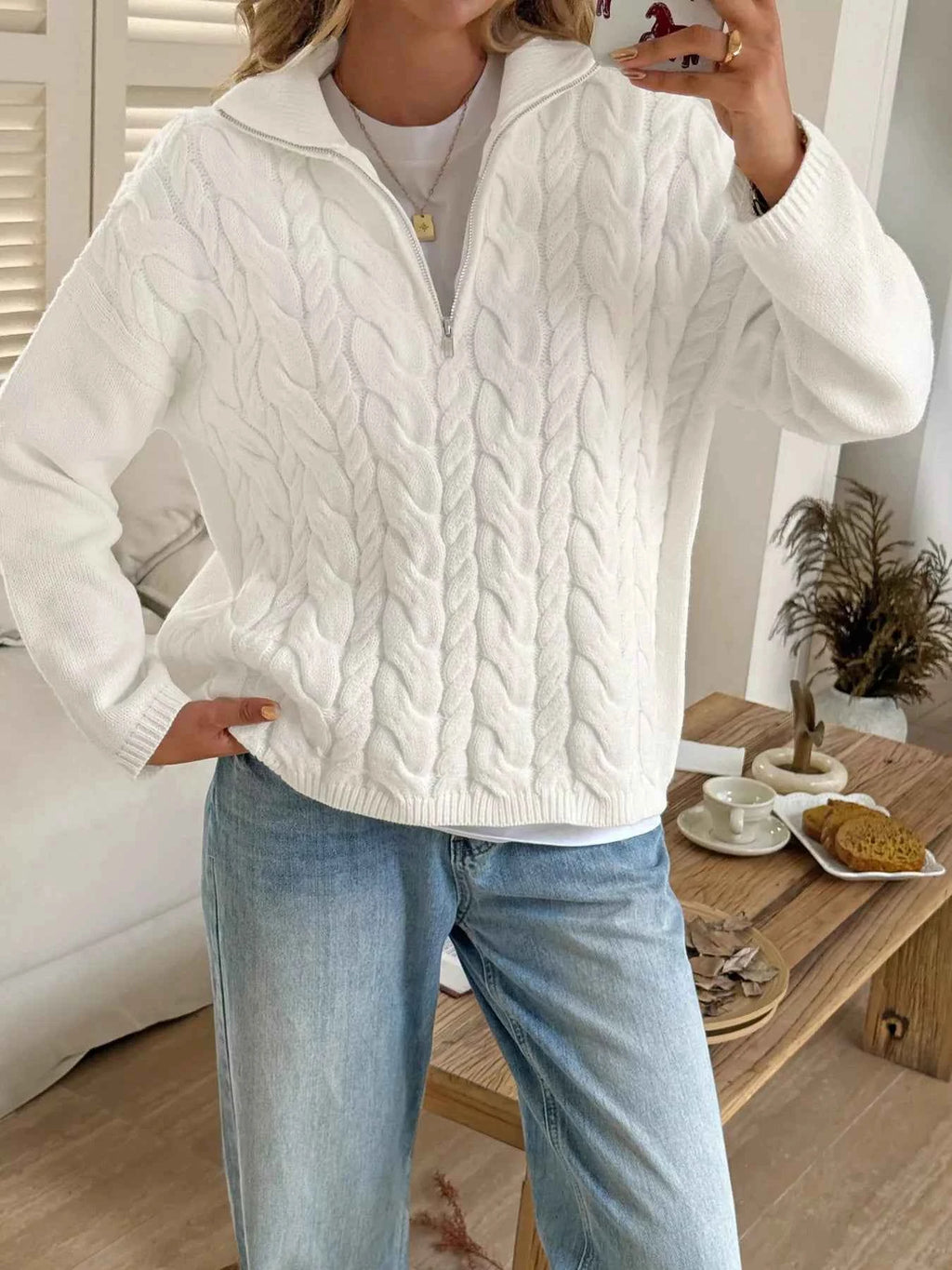 Zip Collar Cable-Knit Sweater 8ff5afd3c76d41868d160c0aeba4447b-Max-Origin