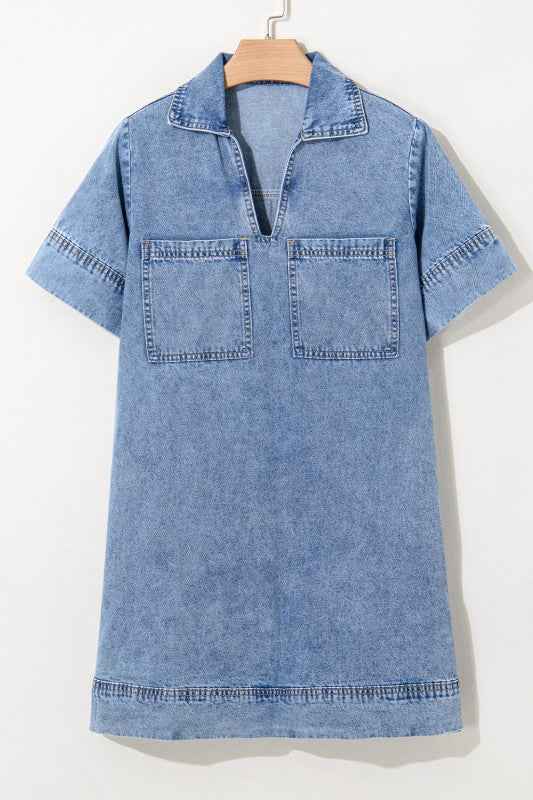 Solid Denim Collared Patch Pocket Mini Dress 9007a4e1-db75-4340-bf8c-5f89dfebbfd1