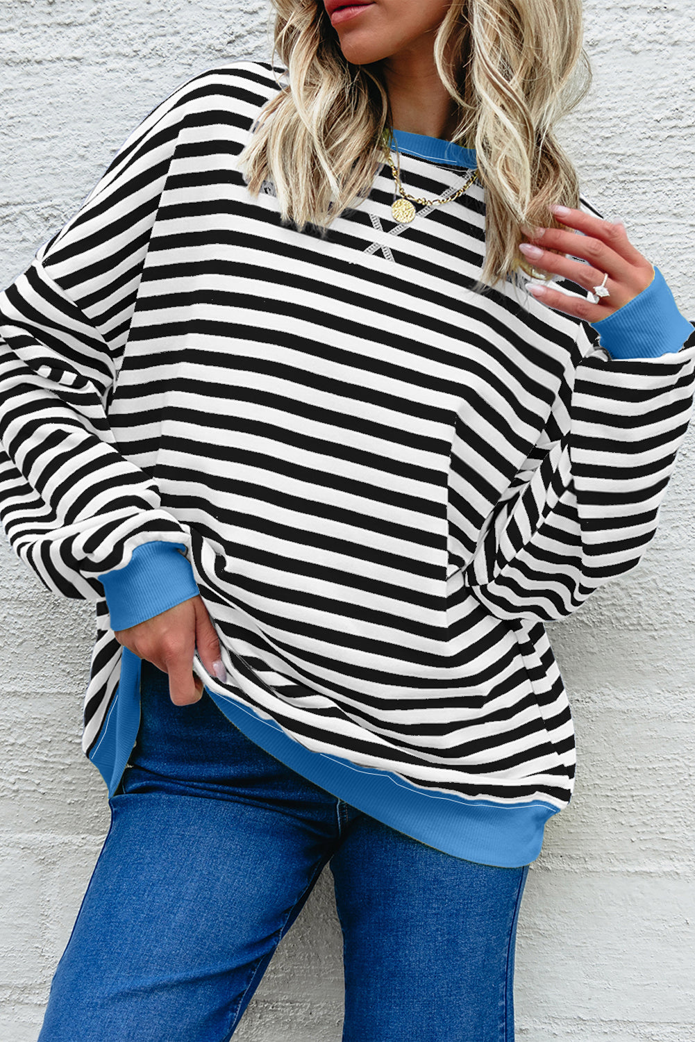 White Striped Contrast Trim Drop Shoulder Sweatshirt 900f77c4fe9a5652