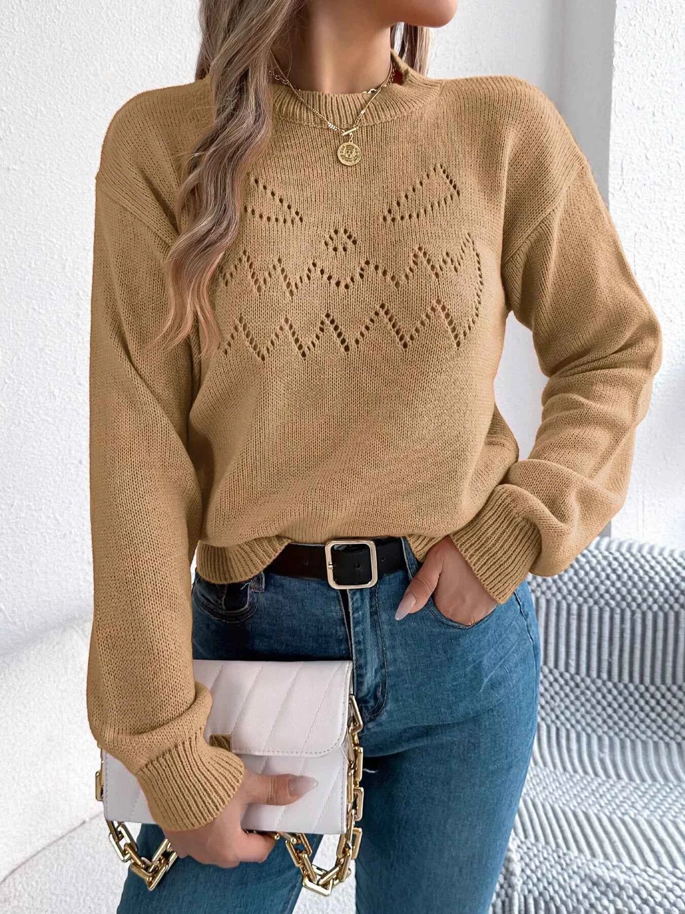 Openwork Round Neck Long Sleeve Sweater Khaki 9013799a111344b59043ba8a9315dcb0-Max-Origin