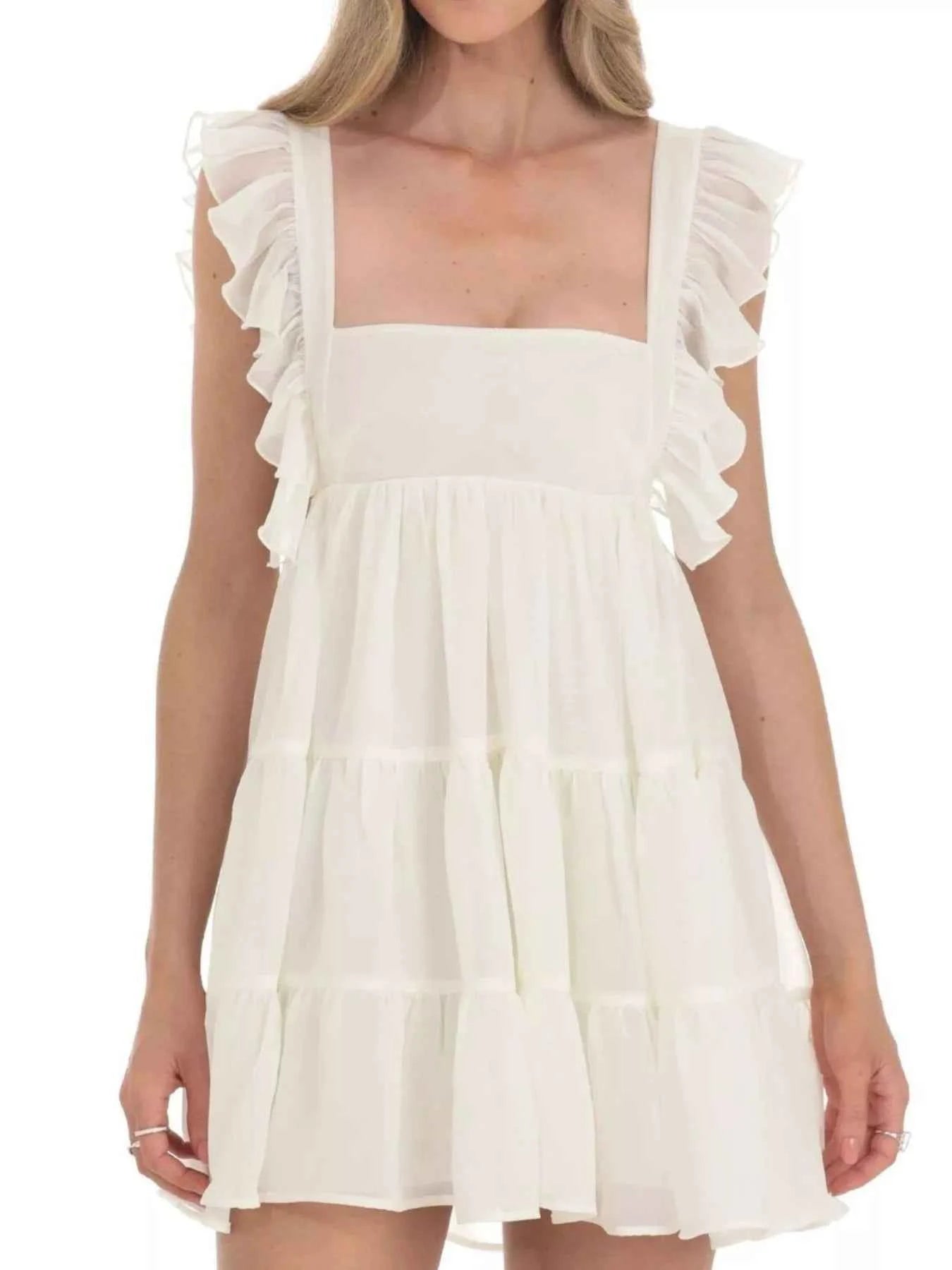 Ruffled Square Neck Tiered Dress Ivory White 9018a314-0c27-4e44-9706-f9a3a94295e9-Max-Origin