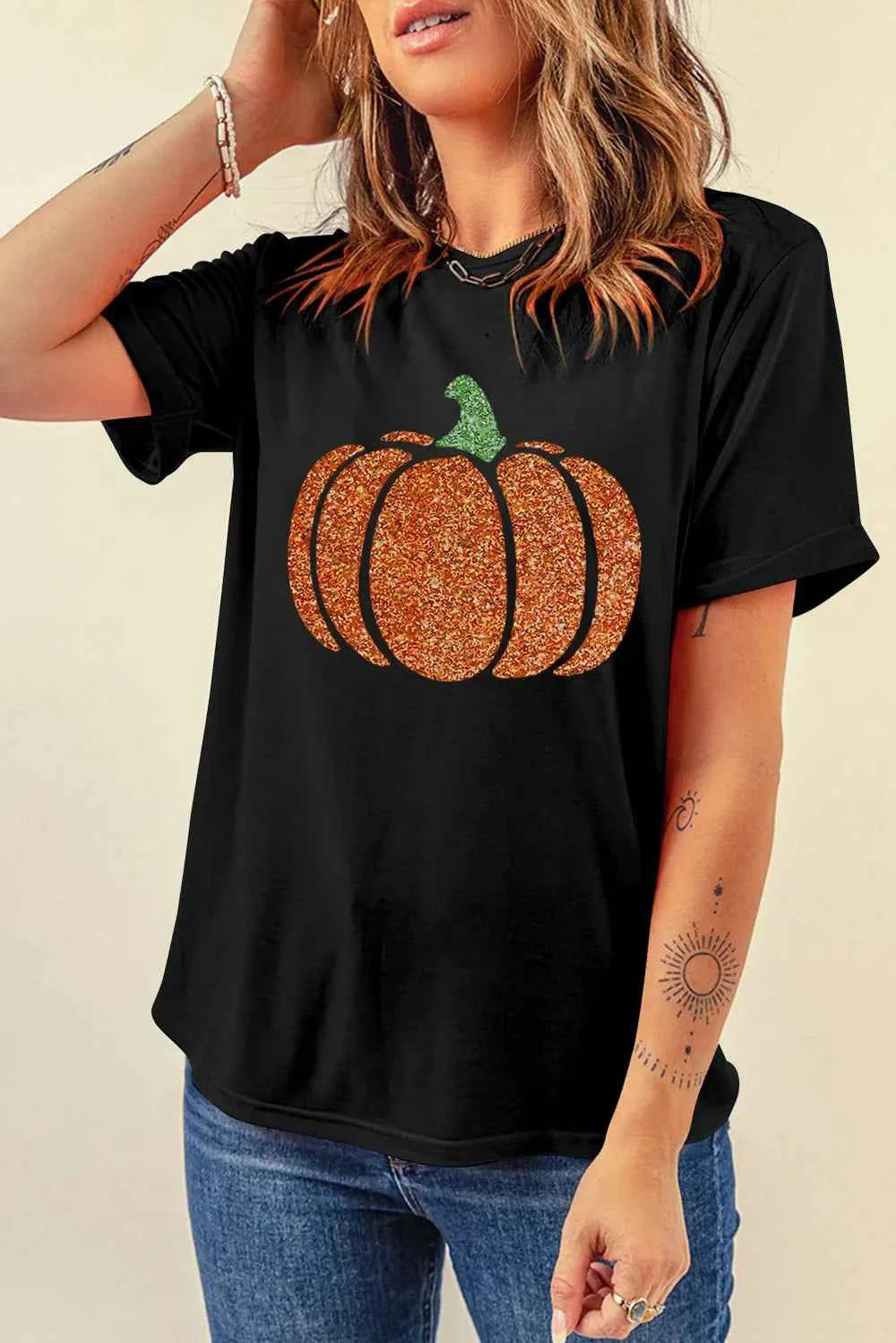 Glitter Pumpkin Round Neck Short Sleeve T-Shirt 901ab762-9e6d-4550-8ed7-4571b291980d-Max