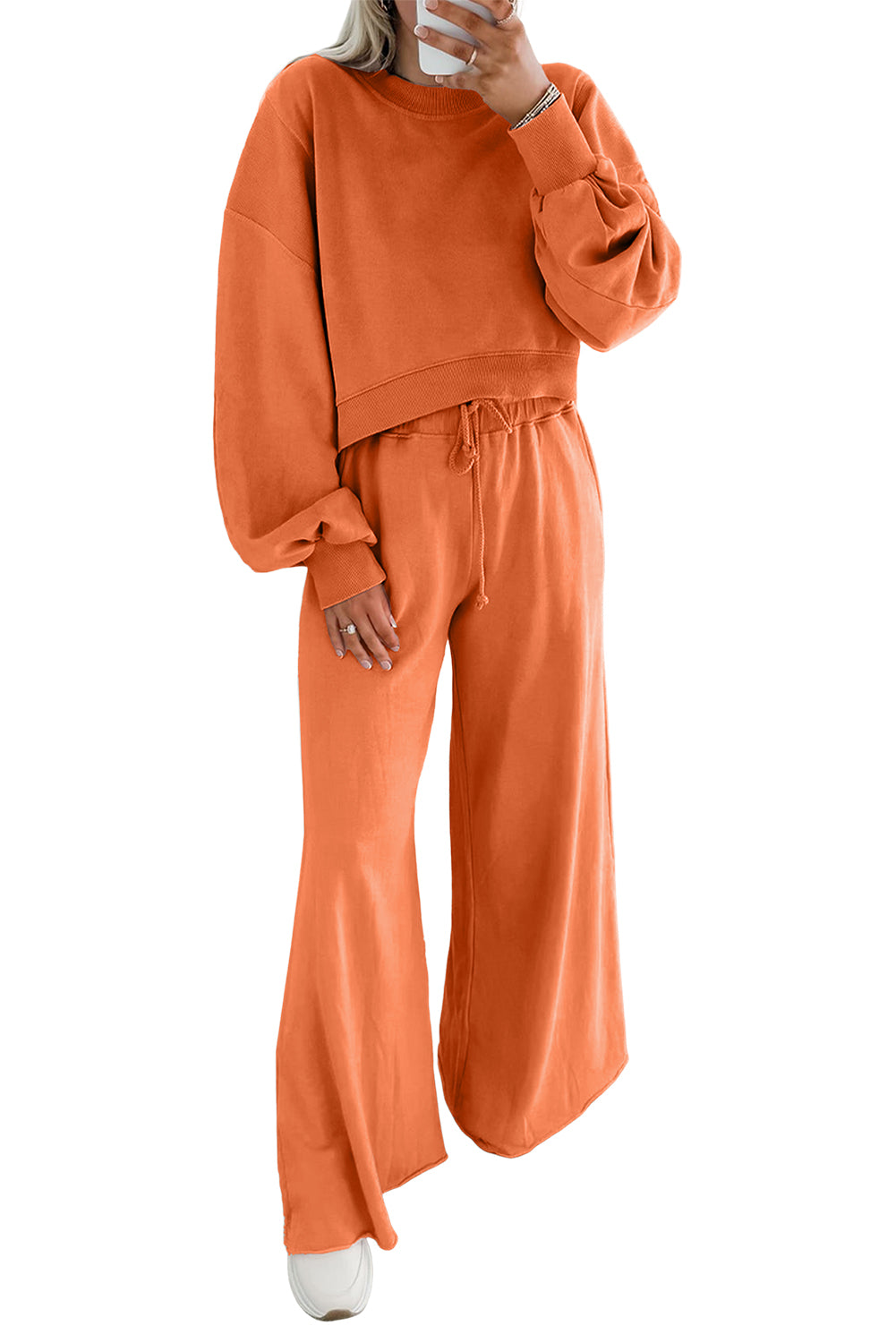 Flamingo Drop Shoulder Crop Pullover Drawstring Wide Leg Pants Set Flamingo 65%Polyester+35%Cotton 90339706eb4d60a8