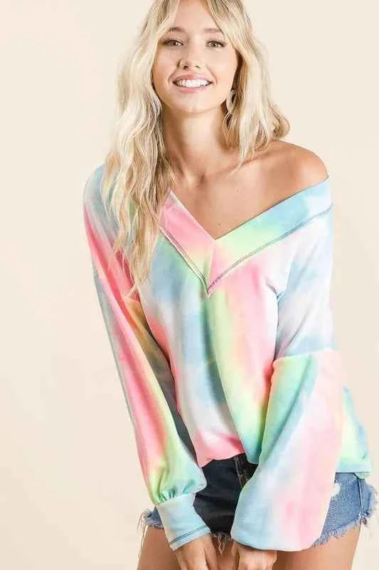 BiBi Tie Dye French Terry V-Neck Top with Puff Sleeves 9037055aec064690ae8f524235cc1400-Max-Origin