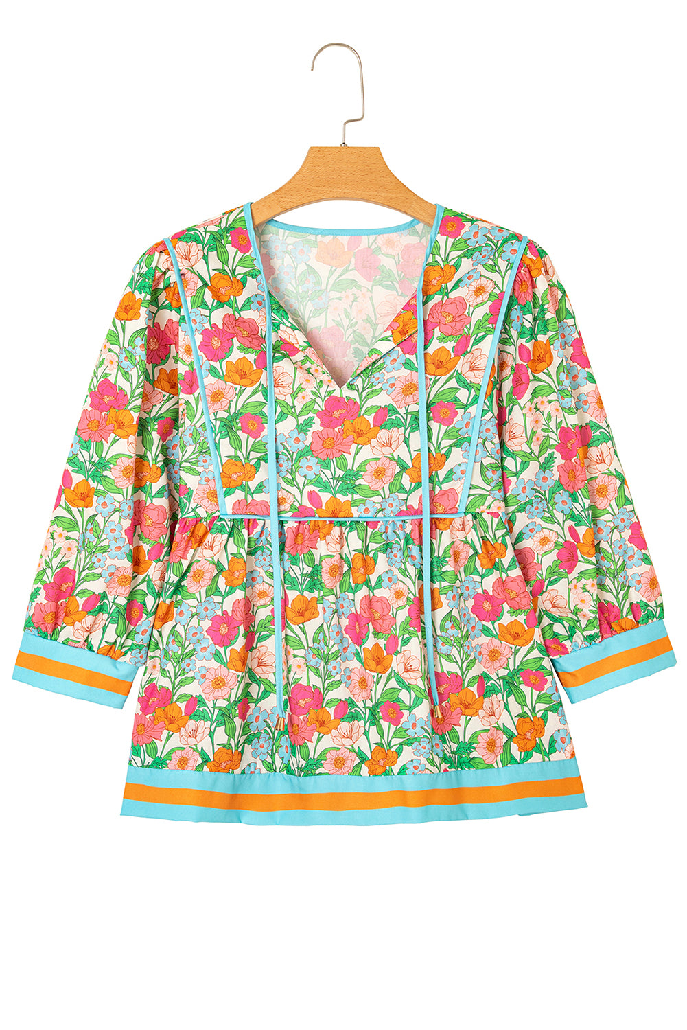 Green Floral Print Striped Trim Puff Sleeve Babydoll Blouse 904c7e0e0de79007