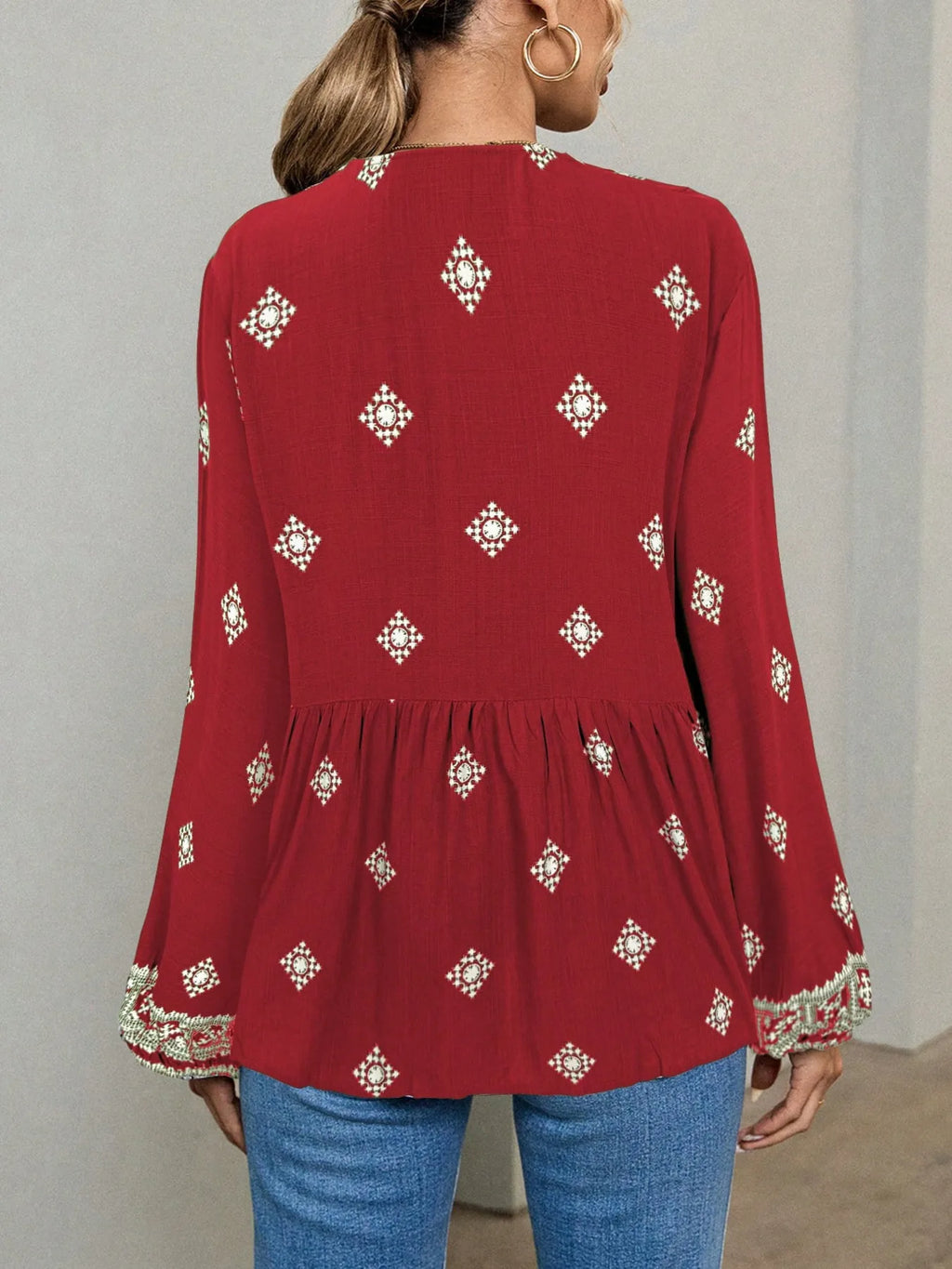 Tie Front Long Sleeve Blouse 90524e7c78e040d89a6cade96af513ca-Max-Origin