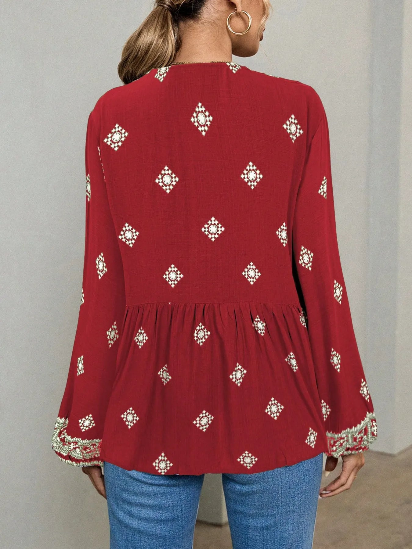 Tie Front Long Sleeve Blouse 90524e7c78e040d89a6cade96af513ca-Max-Origin