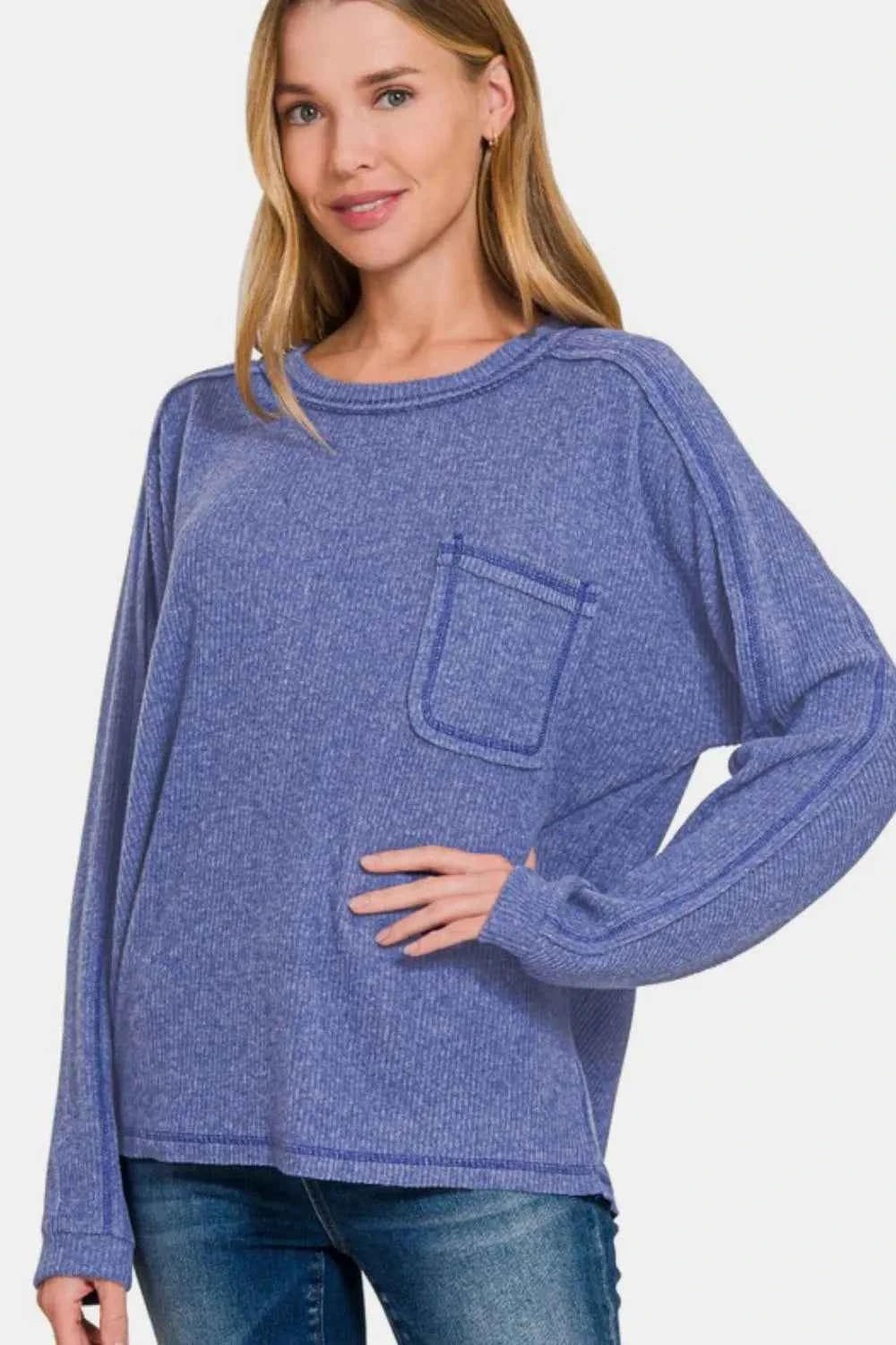 Zenana Full Size Contrast Stitching Brushed Ribbed Hacci Knit Top Blue Purple 9052d922-156c-4234-b64d-ac36eb454b74-Max