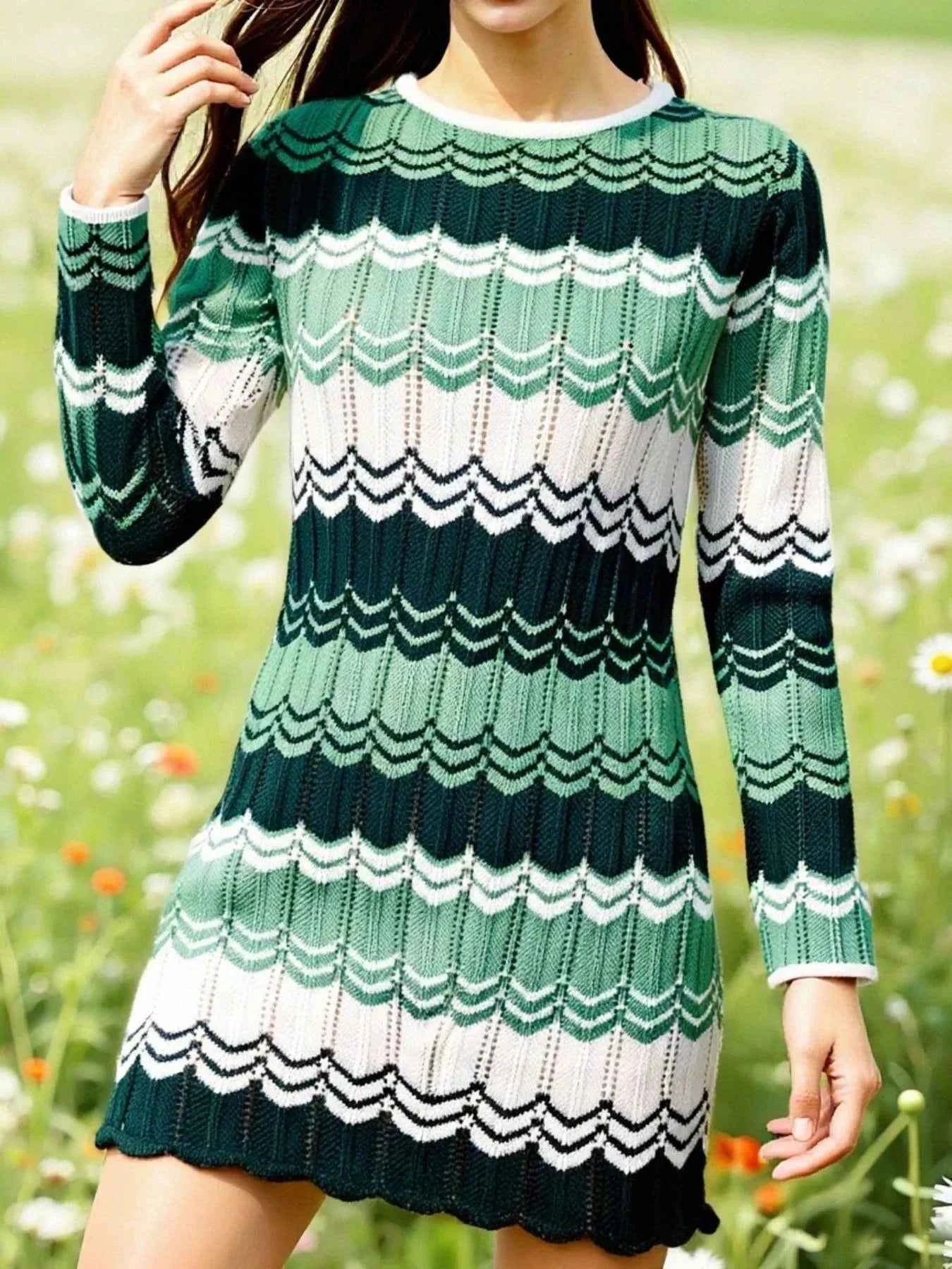 Openwork Wave Pattern Long Sleeve Sweater Dress Green 905e44ad-6929-4617-a9bb-86c8fdcde03d-Max-Origin
