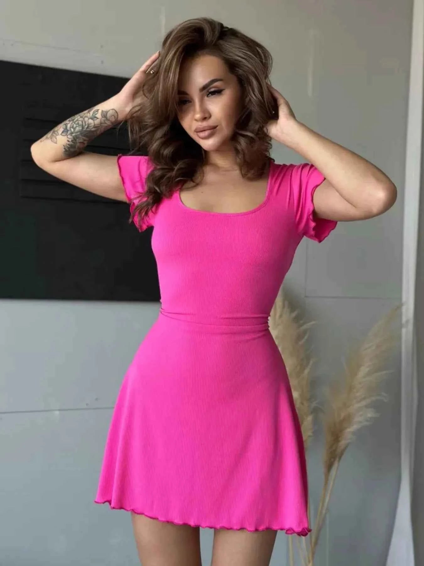 Ribbed Back Lace Up Short Sleeve Mini Dress Hot Pink 906c7eff-ab96-42dc-834b-31c40ff1bbba-Max-Origin