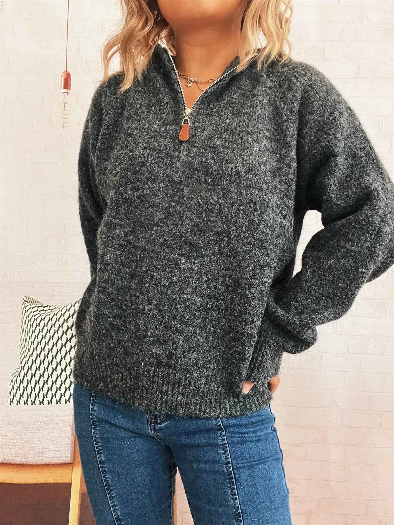 Quarter Zip Ribbed Hem Sweater Dark Gray One Size 907250e4c2664a58ae81990dd29b8381-Max-Origin