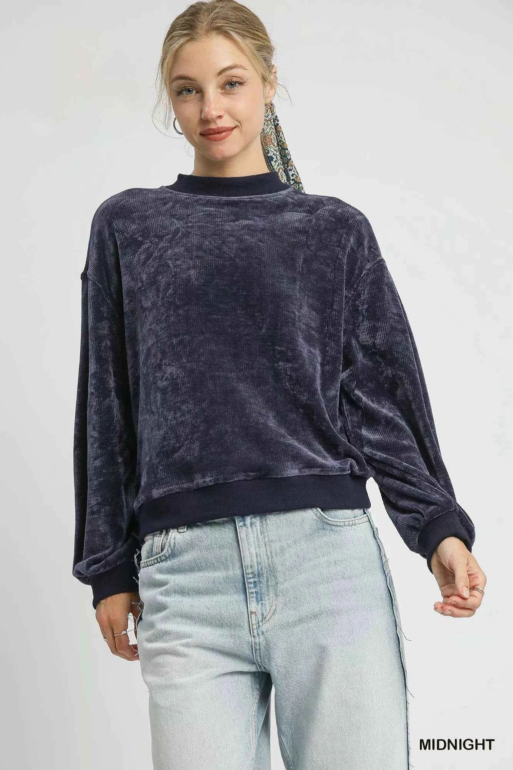 Umgee Velour Crewneck Balloon Sleeve Sweatshirt MIDNIGHT 907b1c6d-fc9e-4c38-bc1a-4fc7d70f75e7-Max-Origin
