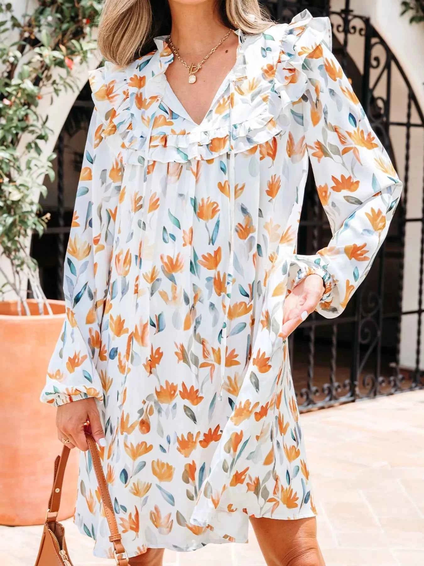 Floral Print Tie Neck Frilled Detail Long Sleeve Mini Dress 9085dbfc-5b50-4bba-a14f-3b30ee8e64d6-Max-Origin