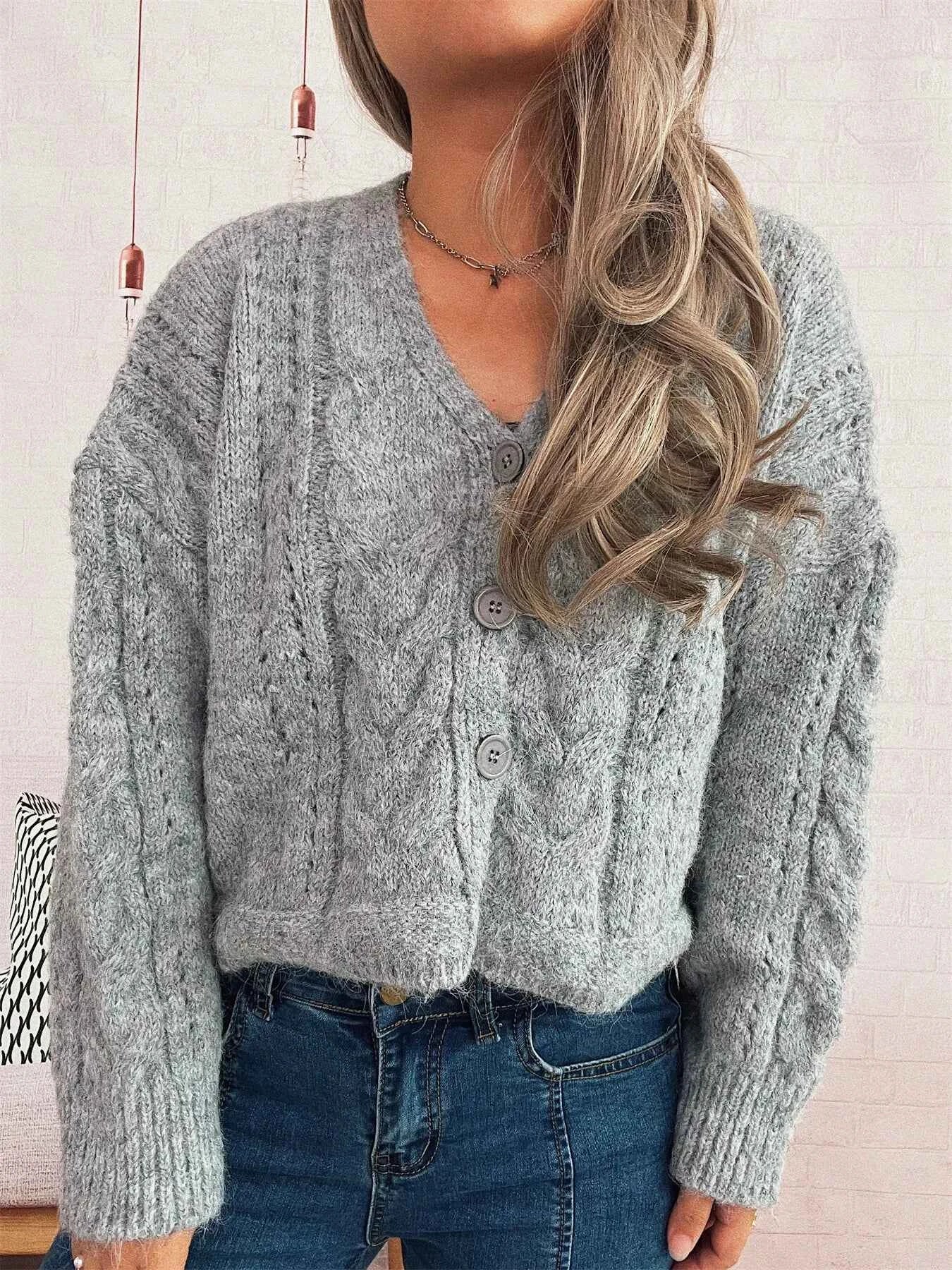 Cable Knit Button-Up Cardigan Gray One Size 9090ff986c84434eb332da3dd308ac08-Max-Origin