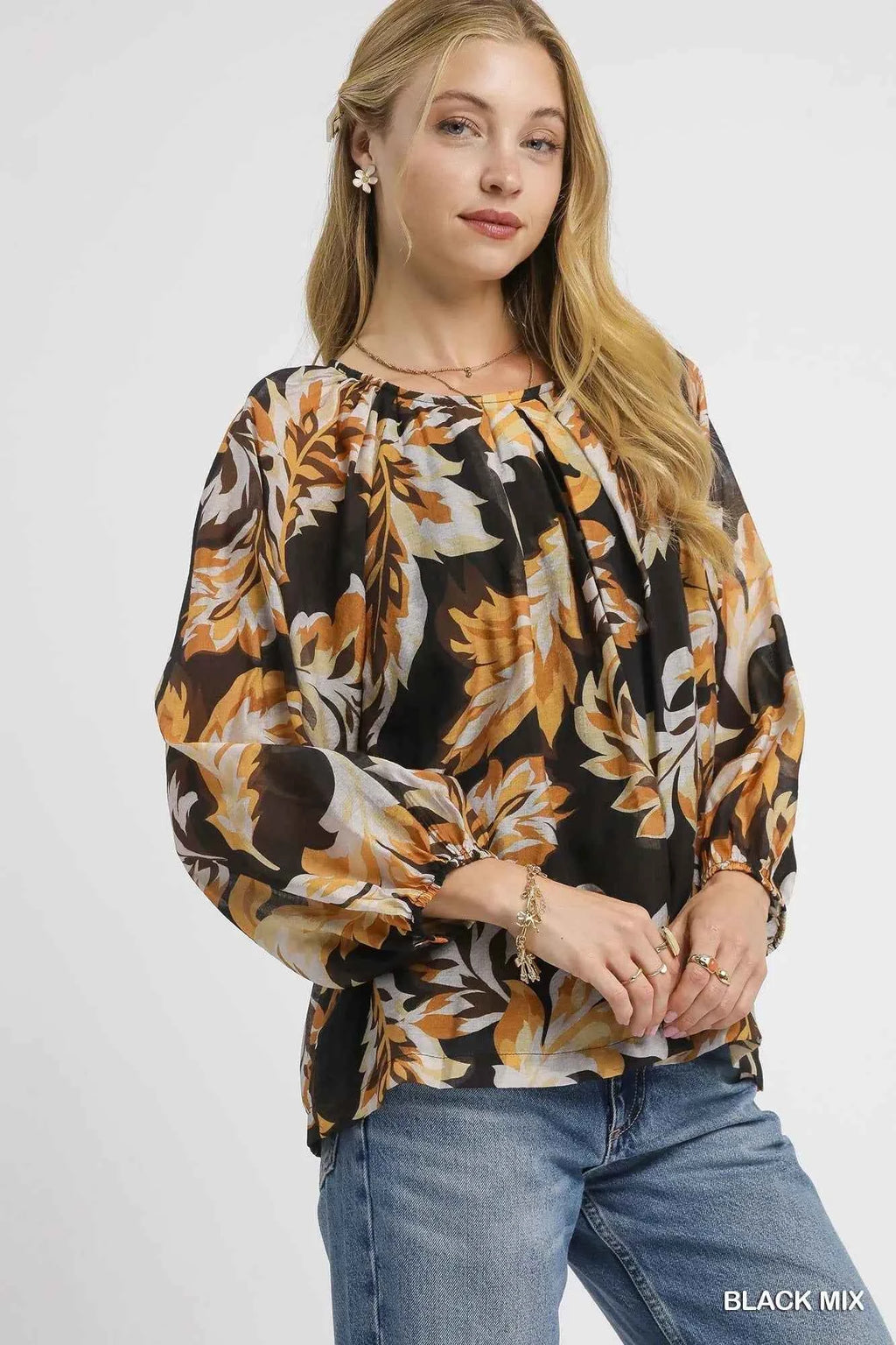 Umgee Autumn Leaf Print Balloon Sleeve Blouse 909af3bc-2edb-461c-99c5-8ae674232b31-Max-Origin