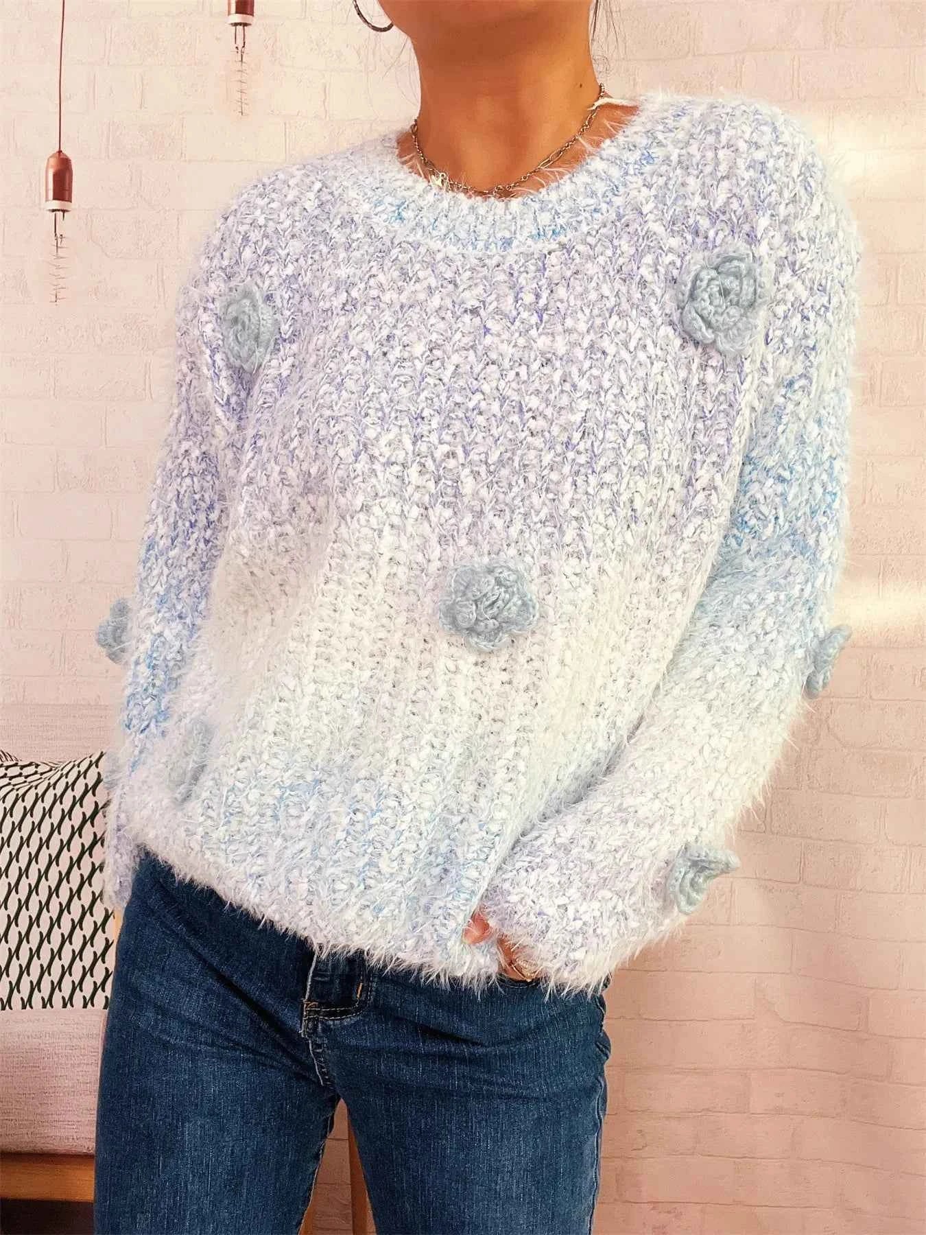 Flower Embellished Round Neck Sweater 90a867c5411b43ae9bb5c10cc2c87b05-Max-Origin