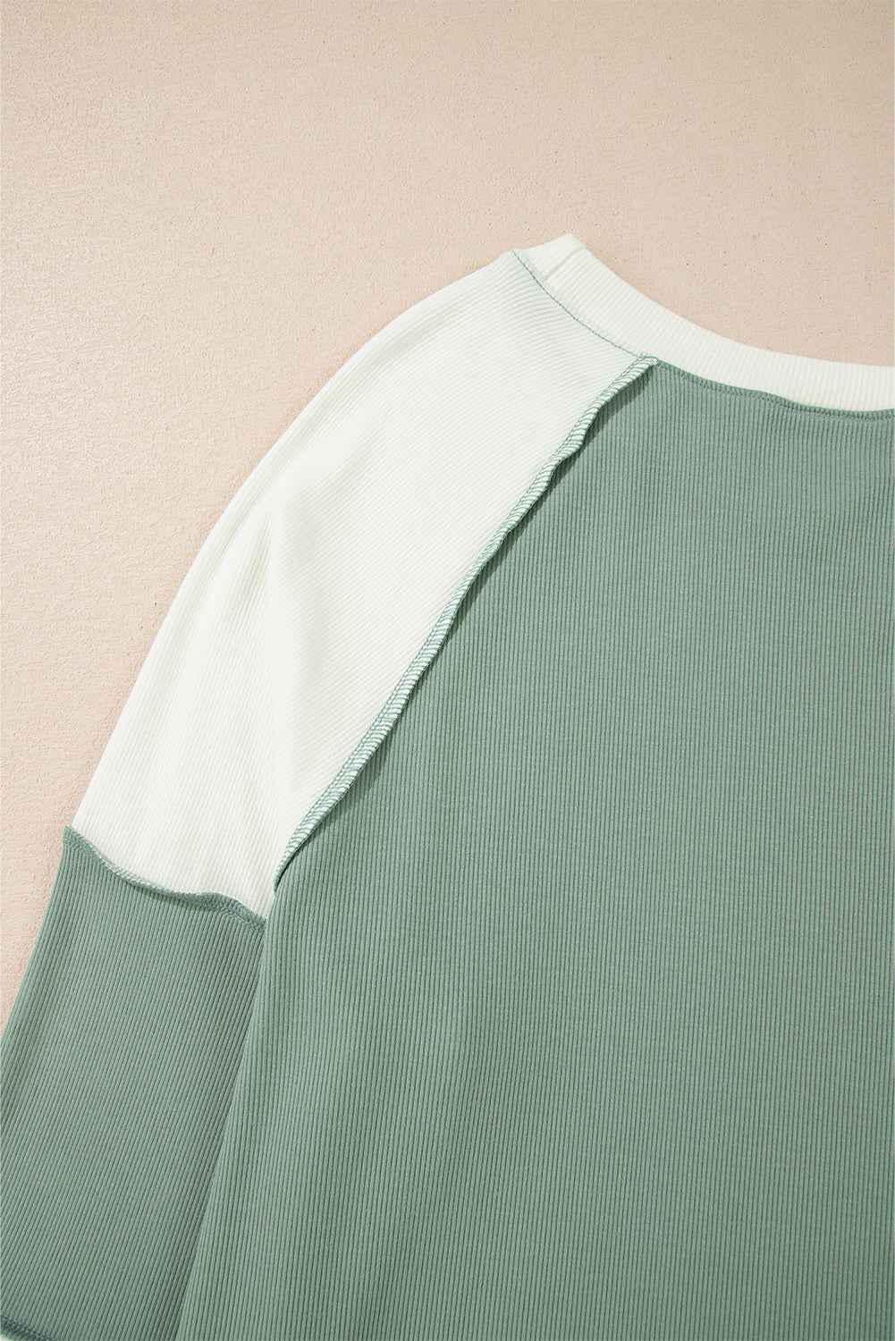 Mint Green Ribbed Colorblock Patchwork Raglan Long Sleeve Top 90ab28c8ee8cf922