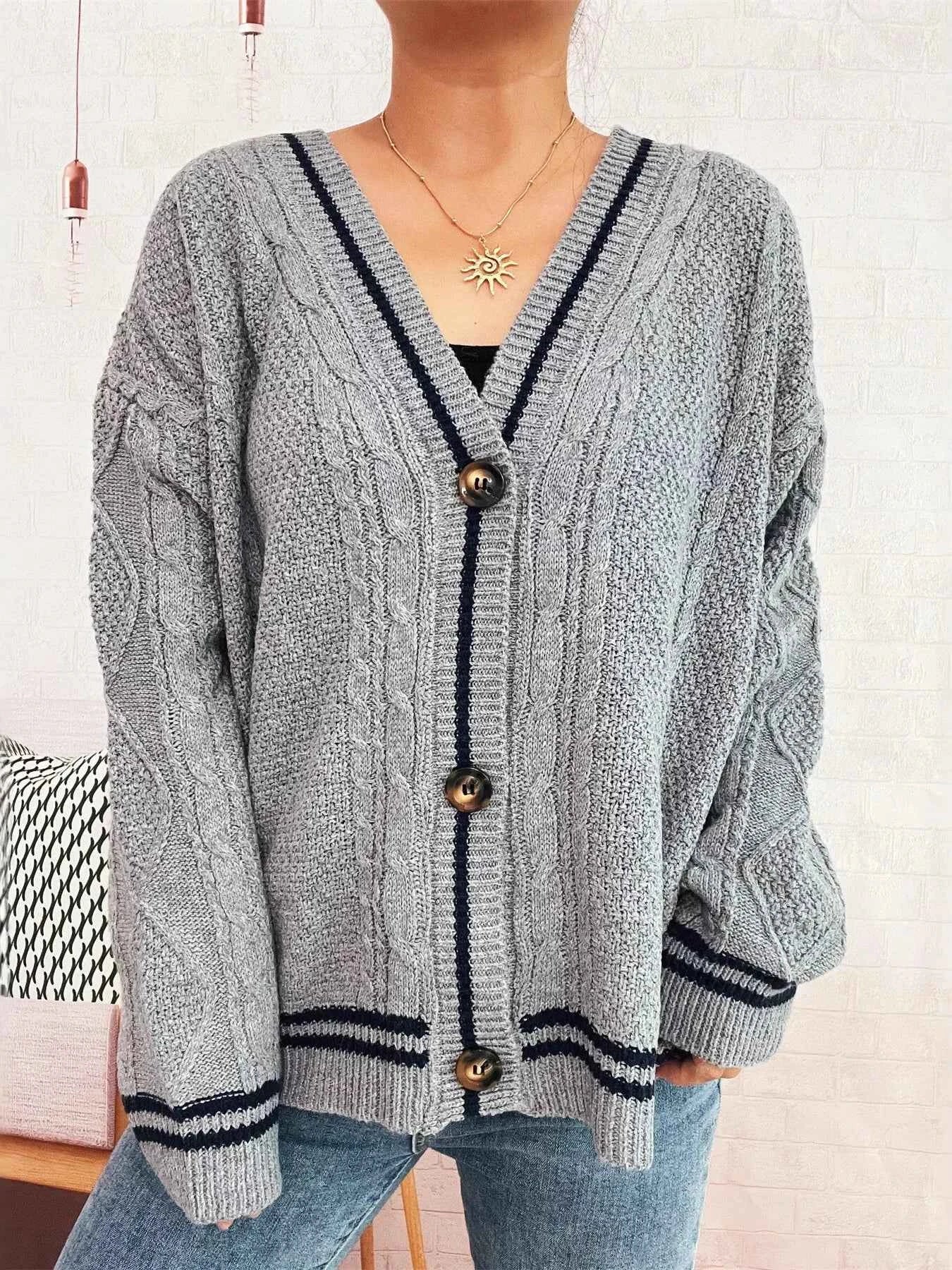 Star Pattern Button-Up Cardigan with Contrast Trim Gray One Size 90d6752b95904ef9a5fc00eb0e377792-Max-Origin