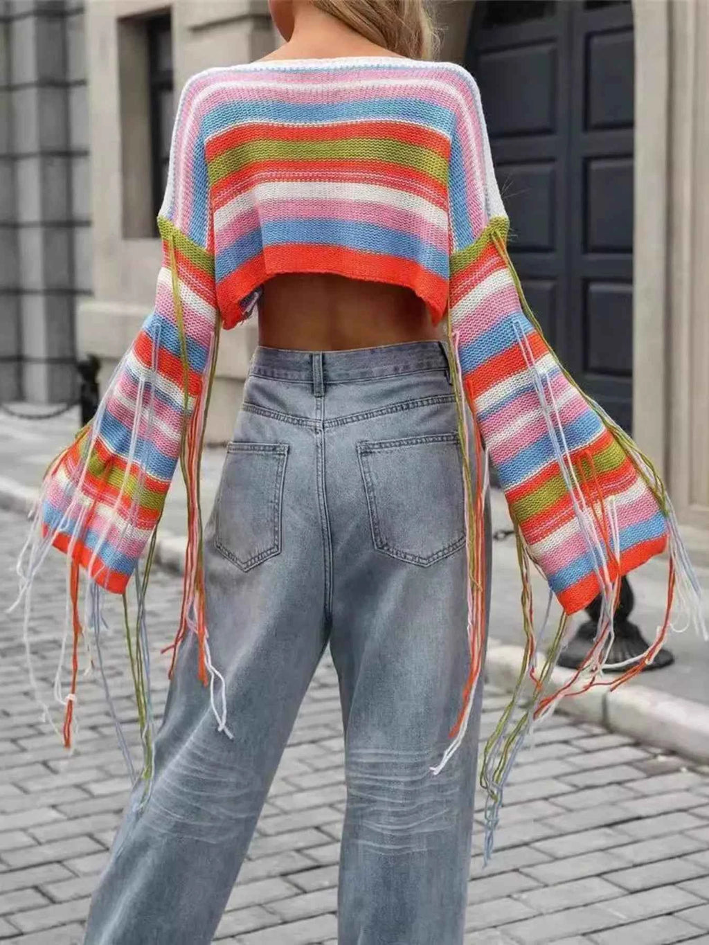 Fringe Striped Long Sleeve Crop Sweater 90e130584b244607be55a71ac2ba605f-Max-Origin