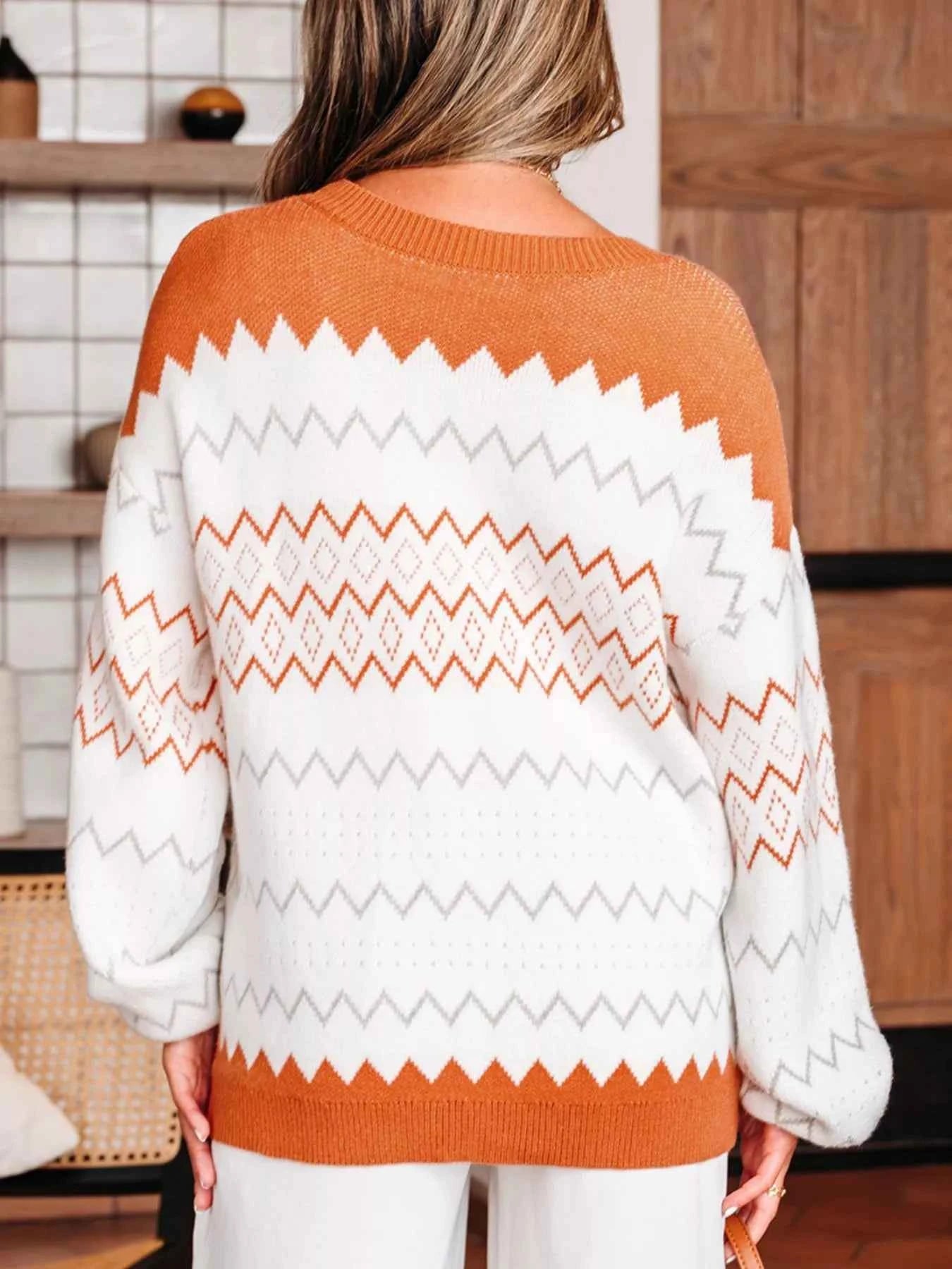 Zigzag Geometric Pattern Round Neck Sweater 90e9017c-c0a8-43e2-b344-9ee8dbe39f9e-Max-Origin