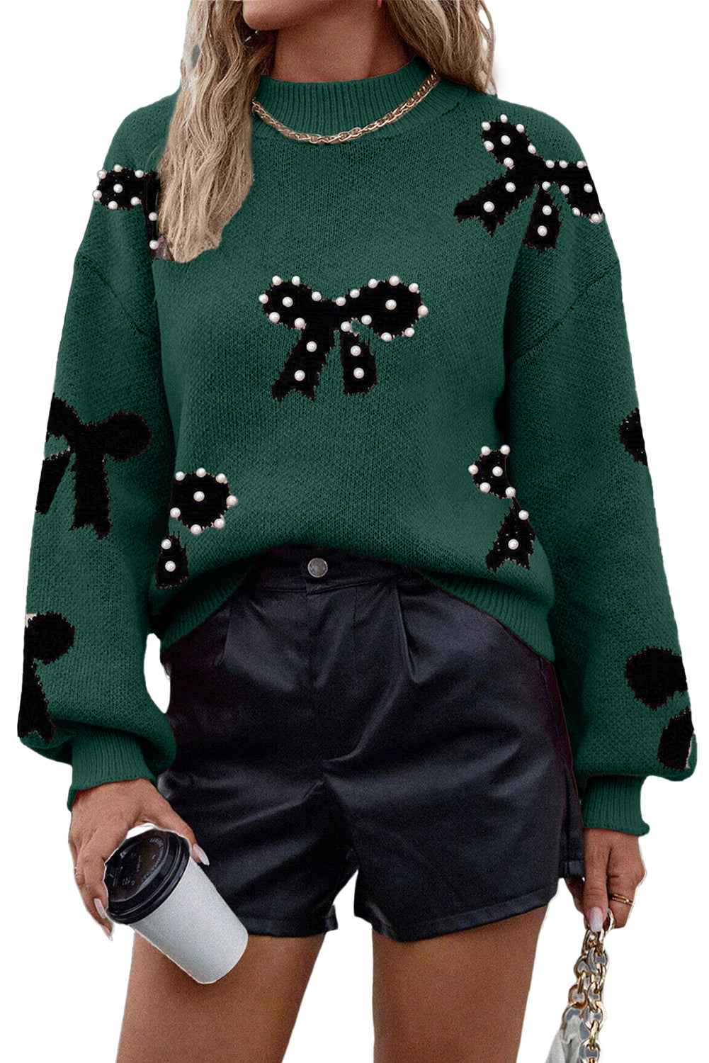 Blackish Green Pearl Embellished Bow Pattern Loose Sweater 90ed9dcdce7ac657
