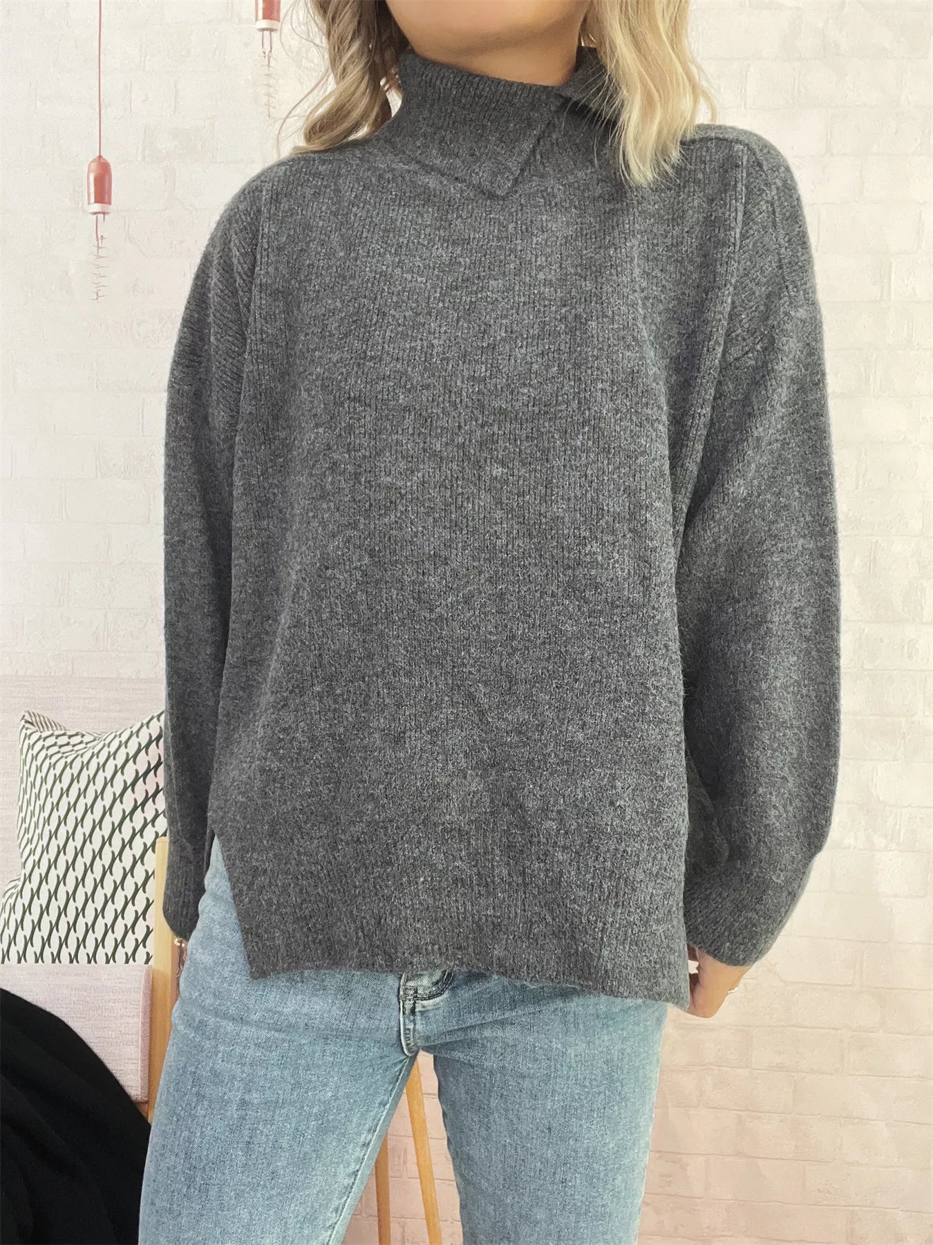 Slit Turtleneck Long Sleeve Sweater Dark Gray One Size 90ef1988bb9a4e3f8c1848d8b1ebbdd5-Max-Origin