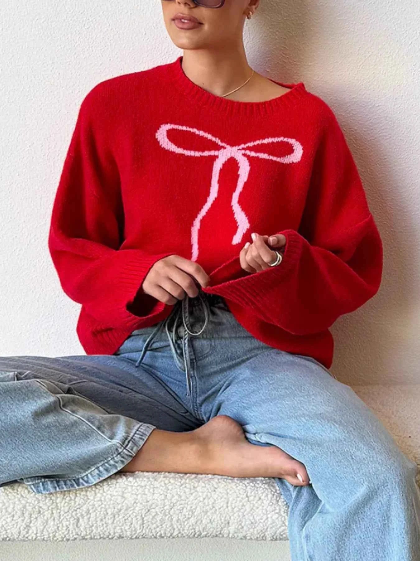Bow Graphic Ribbed Hem Round Neck Sweater 90f1a6b8bd4d4d3bbf5304bc17a25eea-Max-Origin