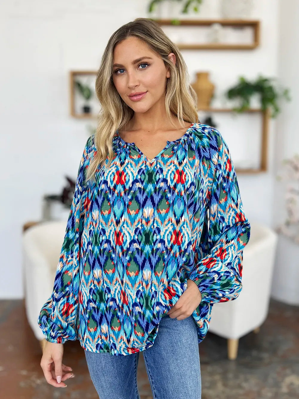 Double Take Full Size Printed Balloon Sleeve Blouse 911bb5a4-2d4d-421d-b7d4-0292691bfd4a-Max