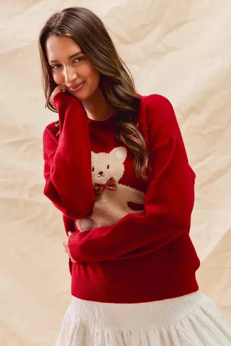 SO ME Teddy Bear With Check Ribbon Christmas Sweater 91348ea53e7149a0839075d501e99a6f-Max-Origin