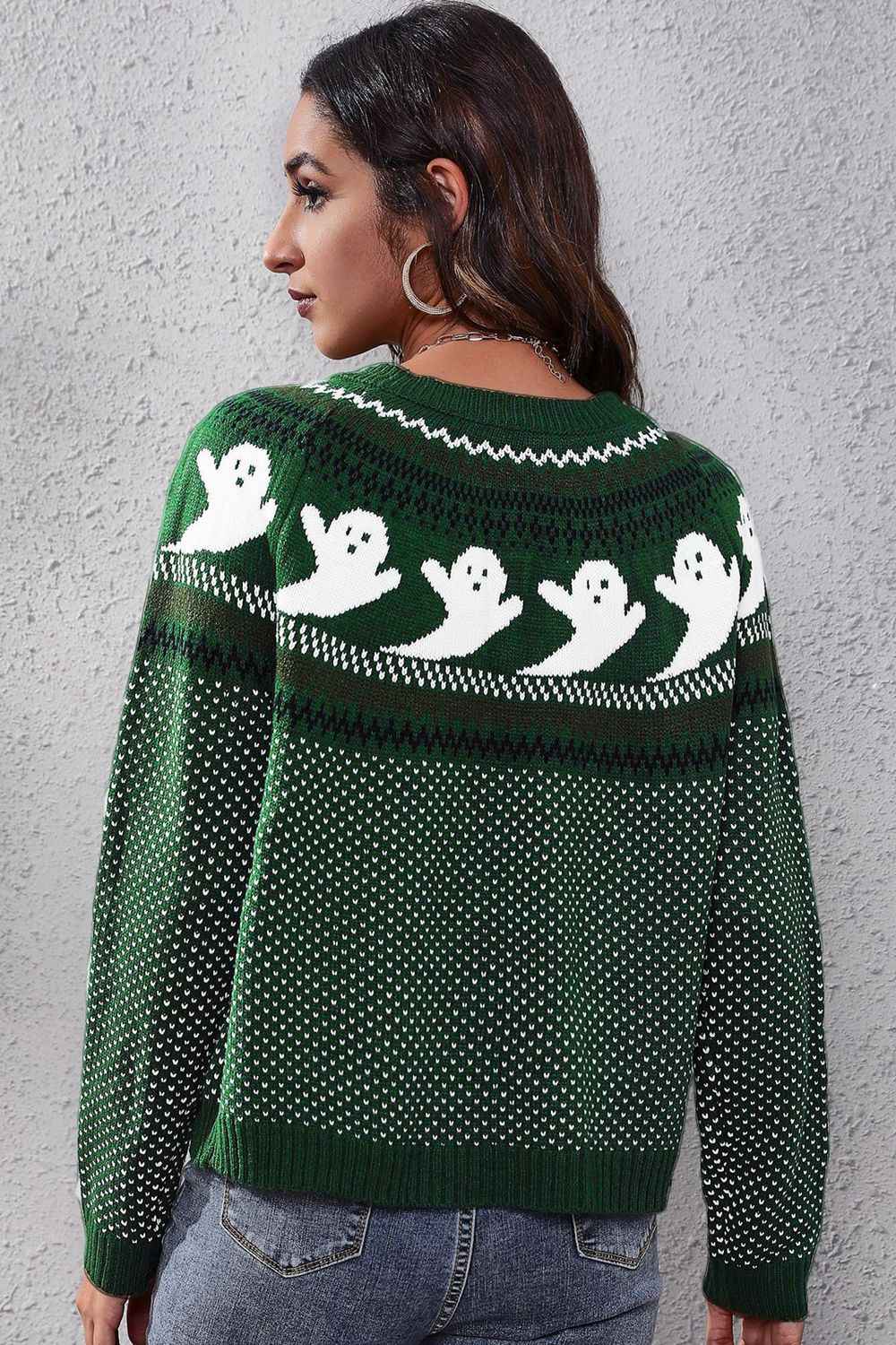 Ghost Pattern Round Neck Long Sleeve Sweater 913a5cfe0c8a437480cc3c88e0b2657a-Max