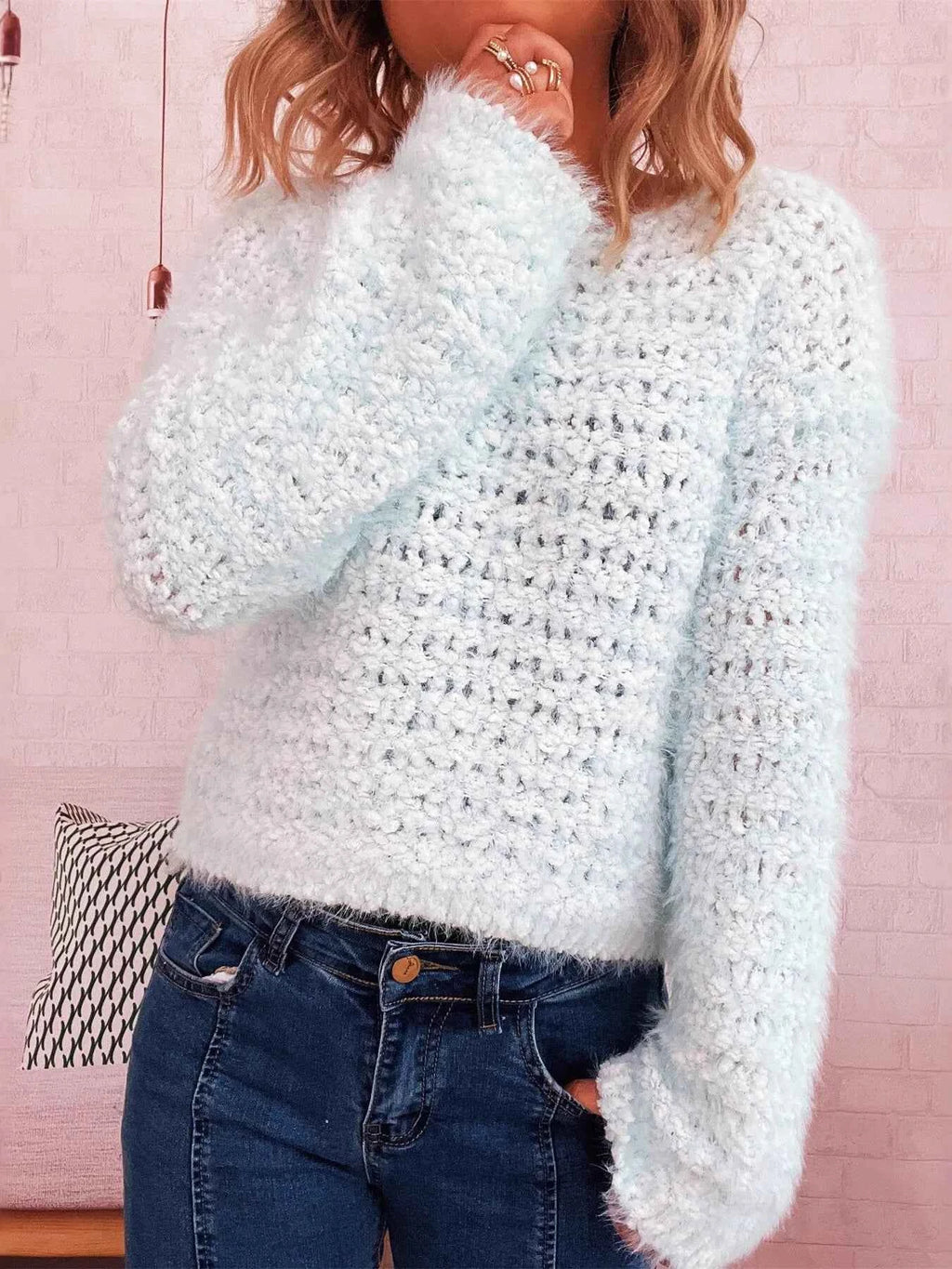 Crochet Round Neck Dropped Shoulder Sweater Blue One Size 913fa516ddb346dcbad712f3883e7acd-Max-Origin