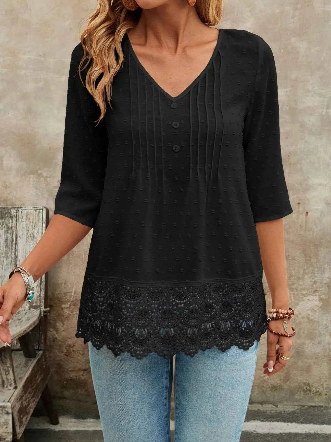 Lace Hem V-Neck Blouse 9152d9675fd9445498b201716f195856-Max-Origin