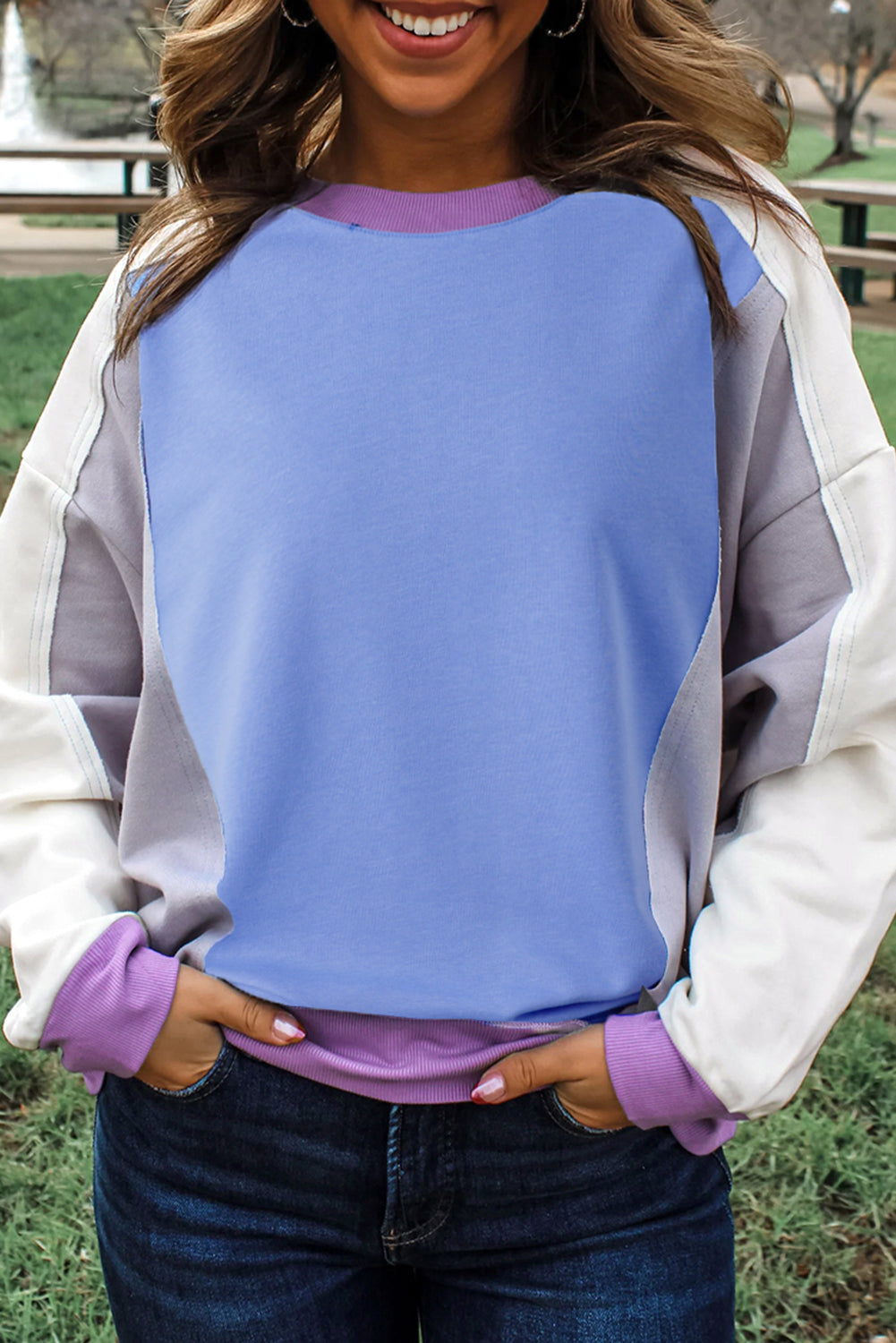 Blue Colorblock Patchwork Round Neck Pullover Sweatshirt Blue 65%Polyester+35%Cotton 915444cd3b4a7e8d