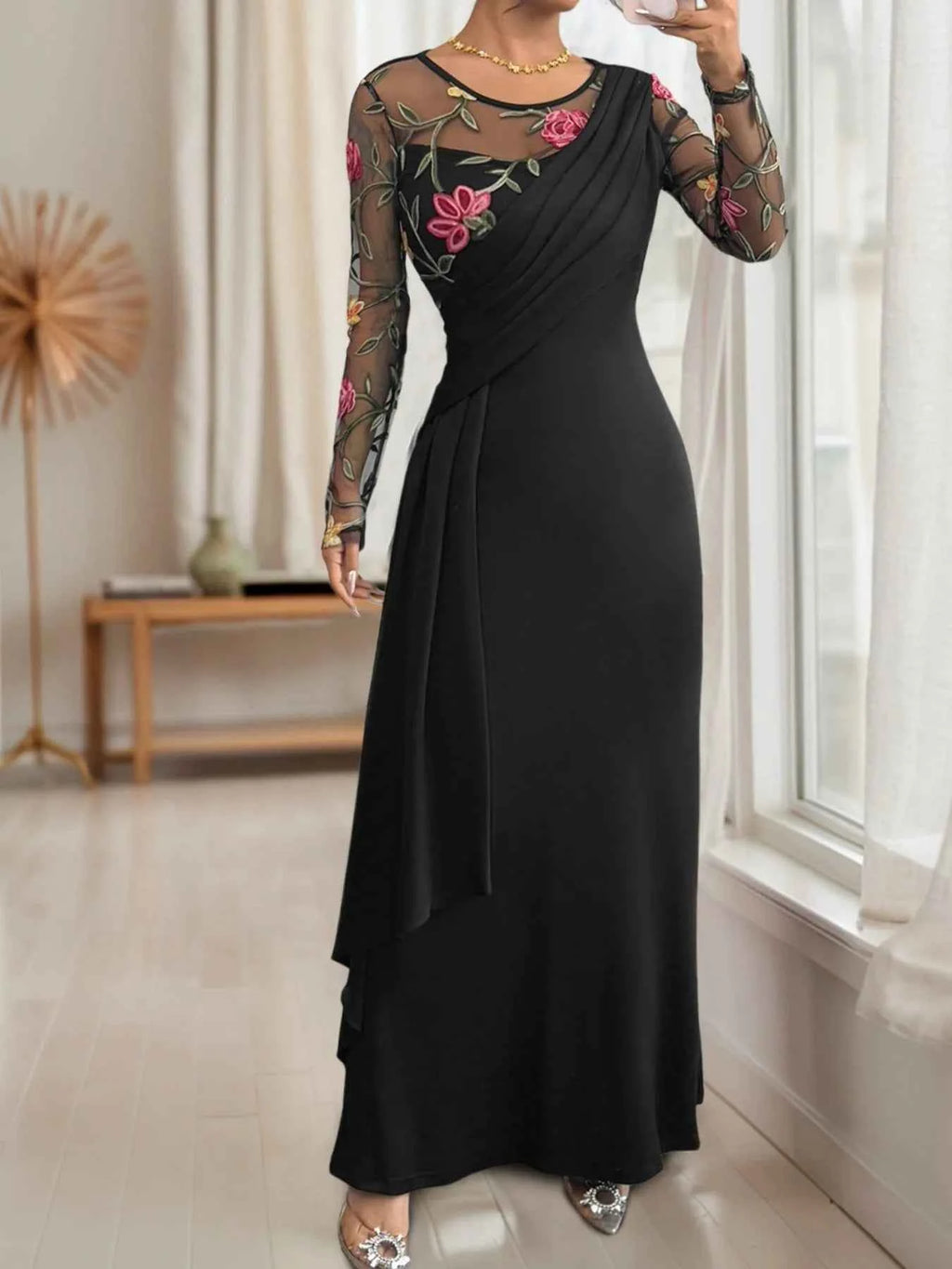 Floral Mesh Sleeve Ruched Maxi Dress 9167185a-5921-466f-a85b-891db24cff8e-Max-Origin