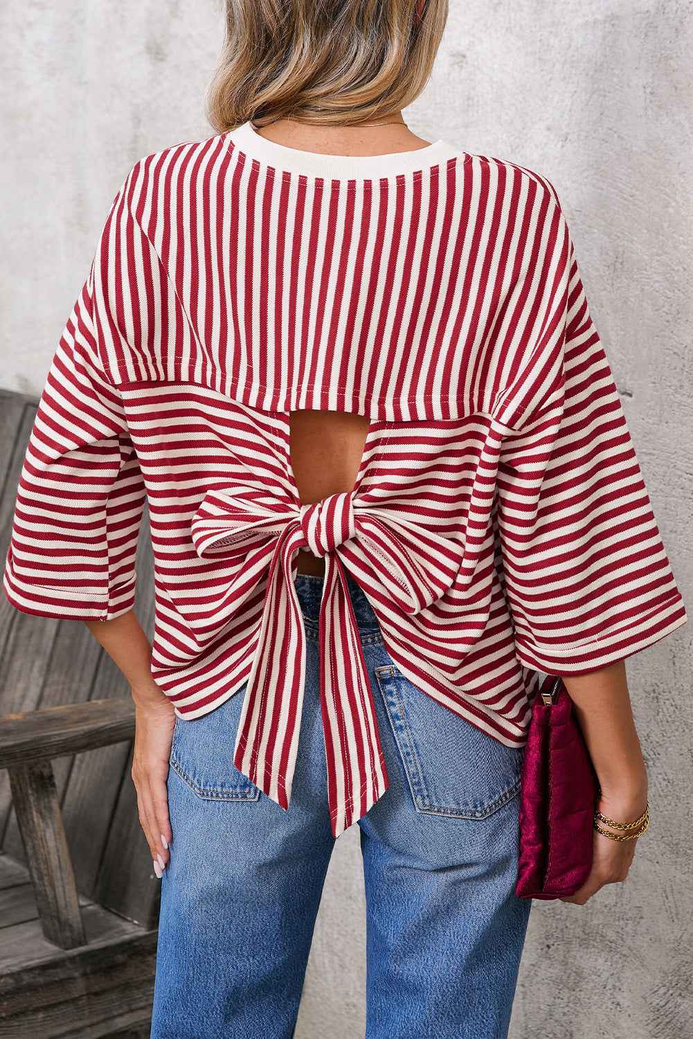 Red Striped Bowknot Backless T-Shirt Red Stripe 91776b752b61da9d