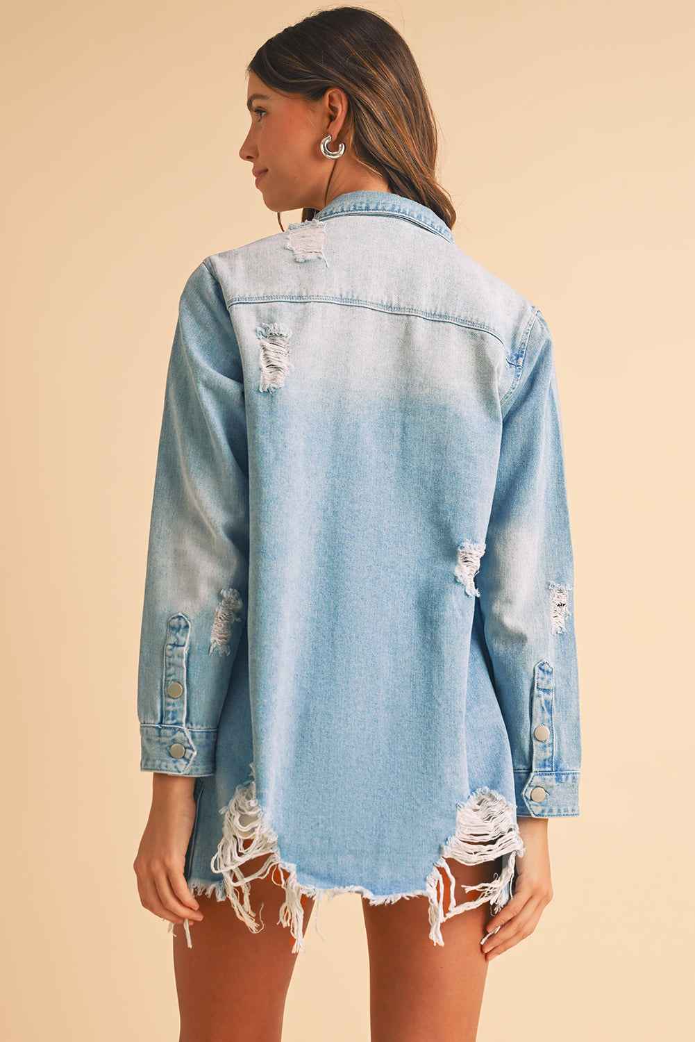 Beau Blue Light Wash Distressed Frayed Long Denim Shacket 9181e0f408cfb5d5